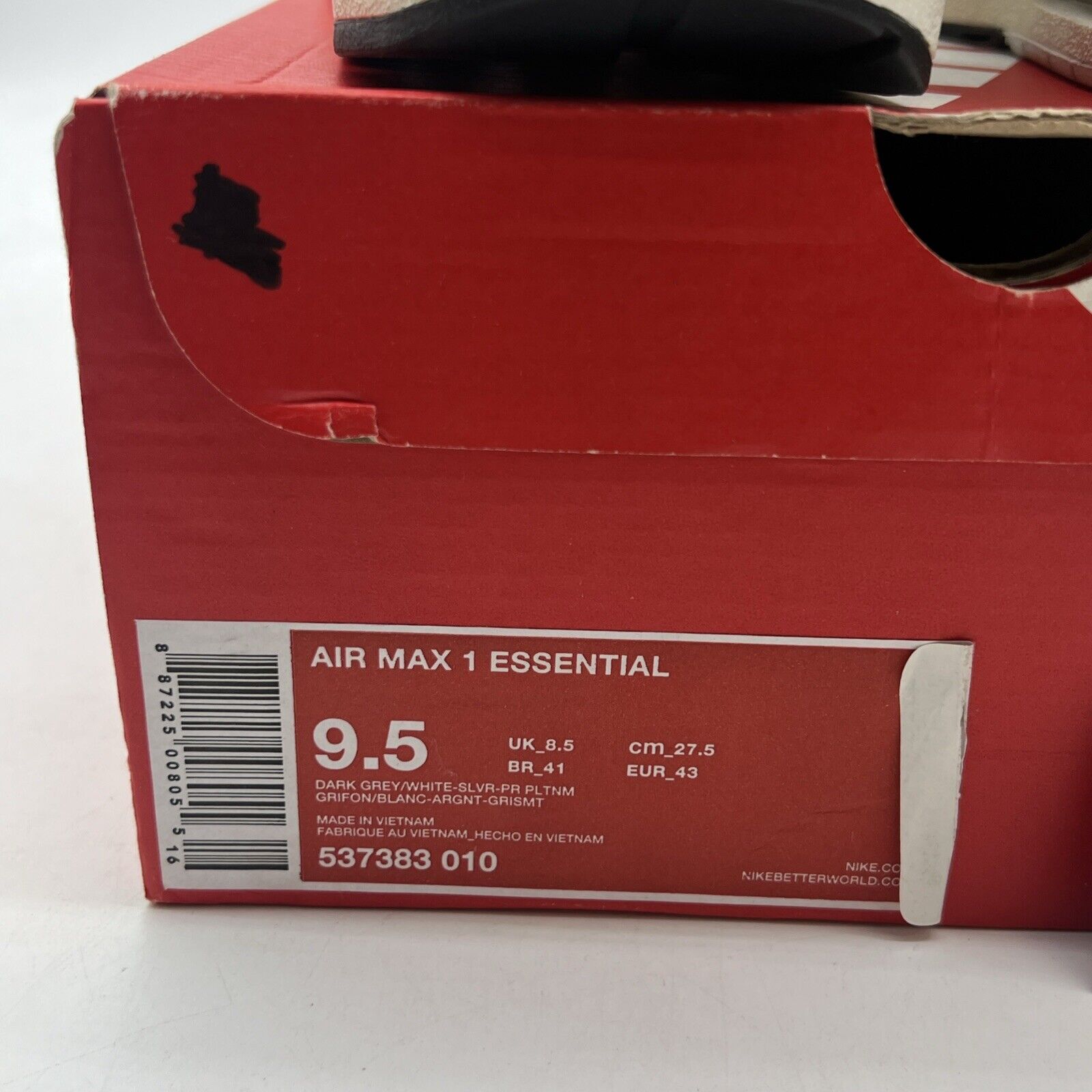 Size 9.5 - Nike Air Max 1 Essential Silver Dark Grey (537383-010)