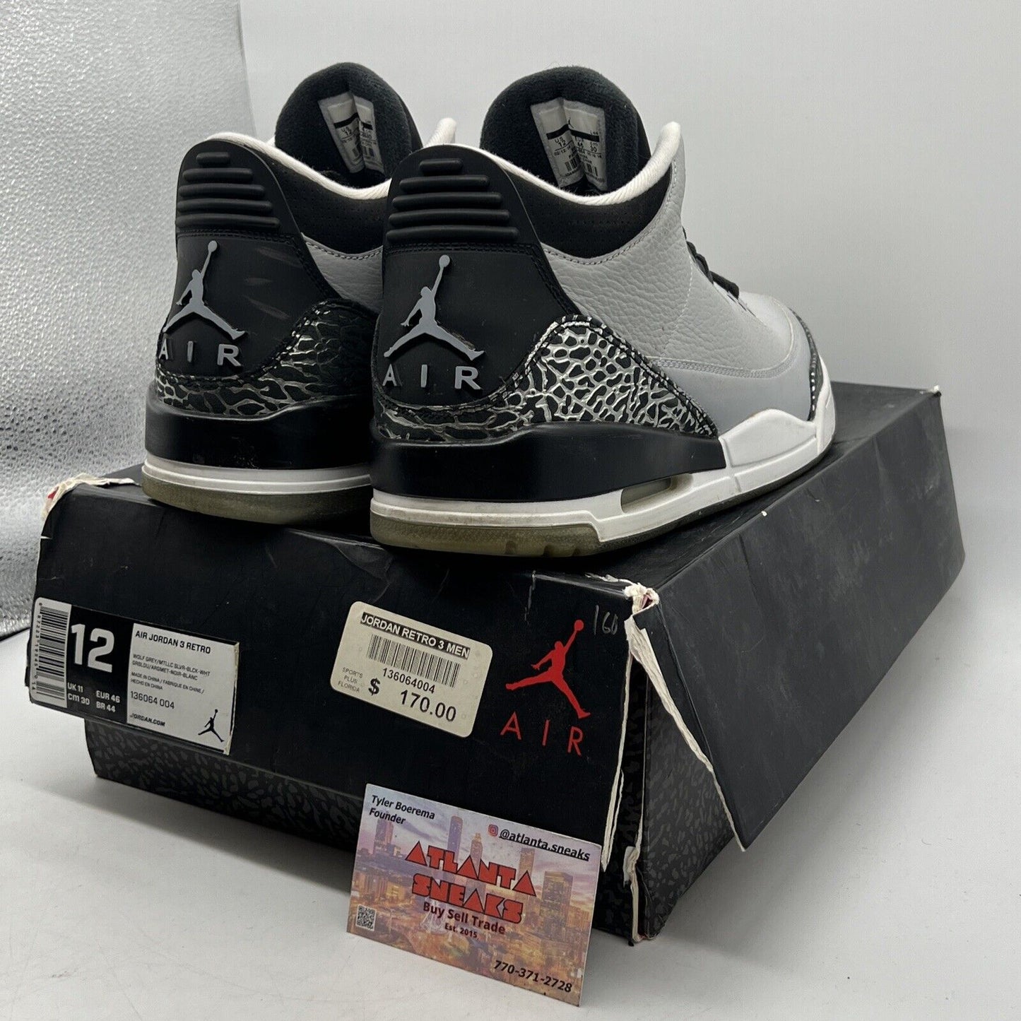 Size 12 - Air Jordan 3 Retro Wolf Grey Black Leather White (136064-004)