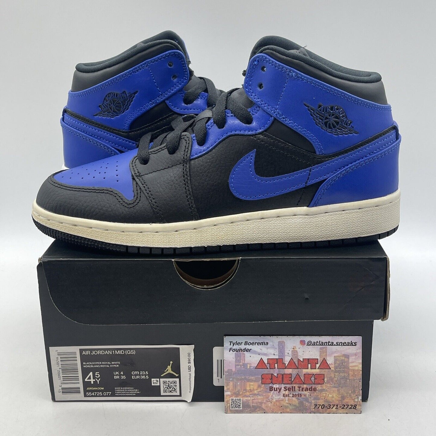 Size 4.5Y  (GS) - Jordan 1 Mid Hyper Royal Blue Black White Leather (554725-077)