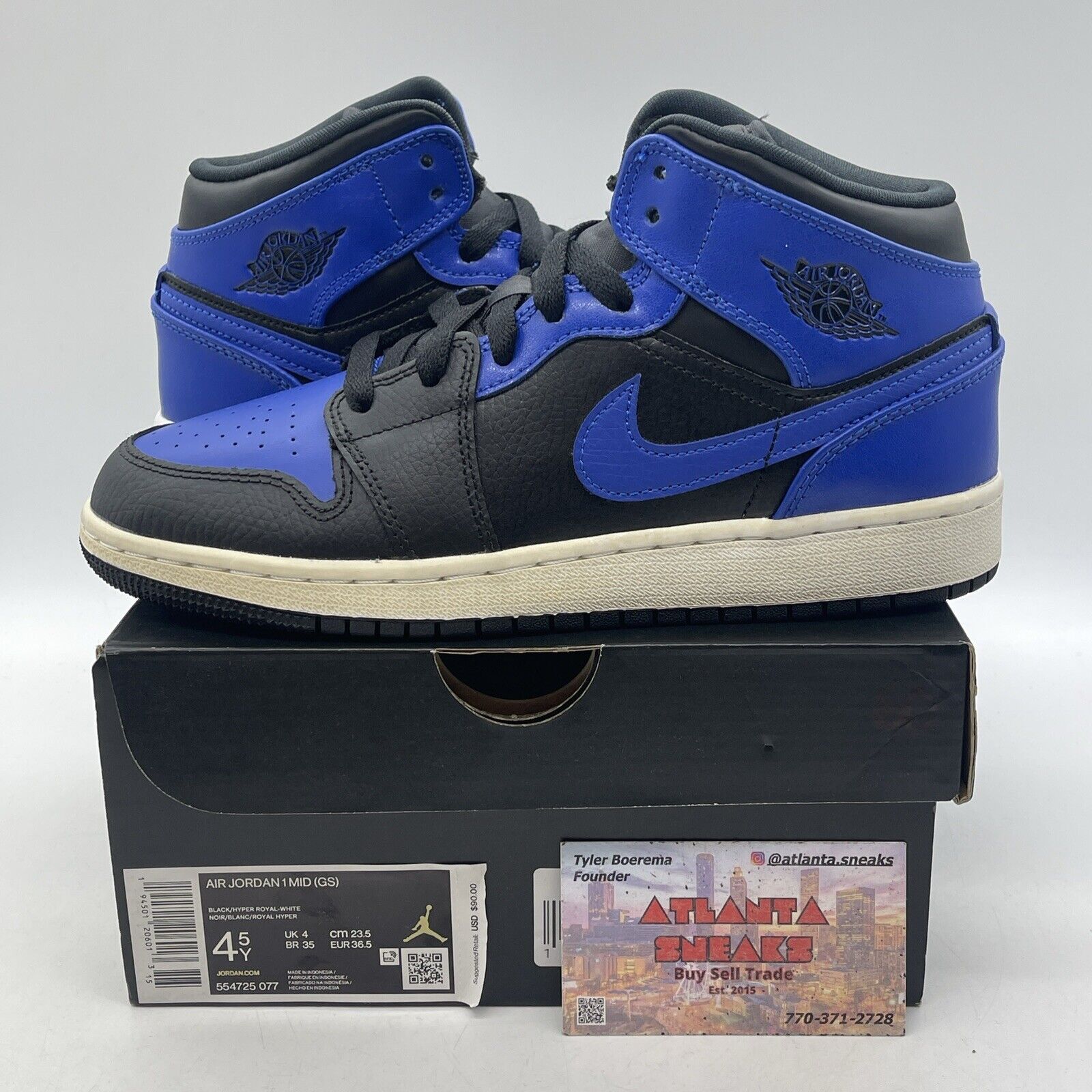 Size 4.5Y  (GS) - Jordan 1 Mid Hyper Royal Blue Black White Leather (554725-077)