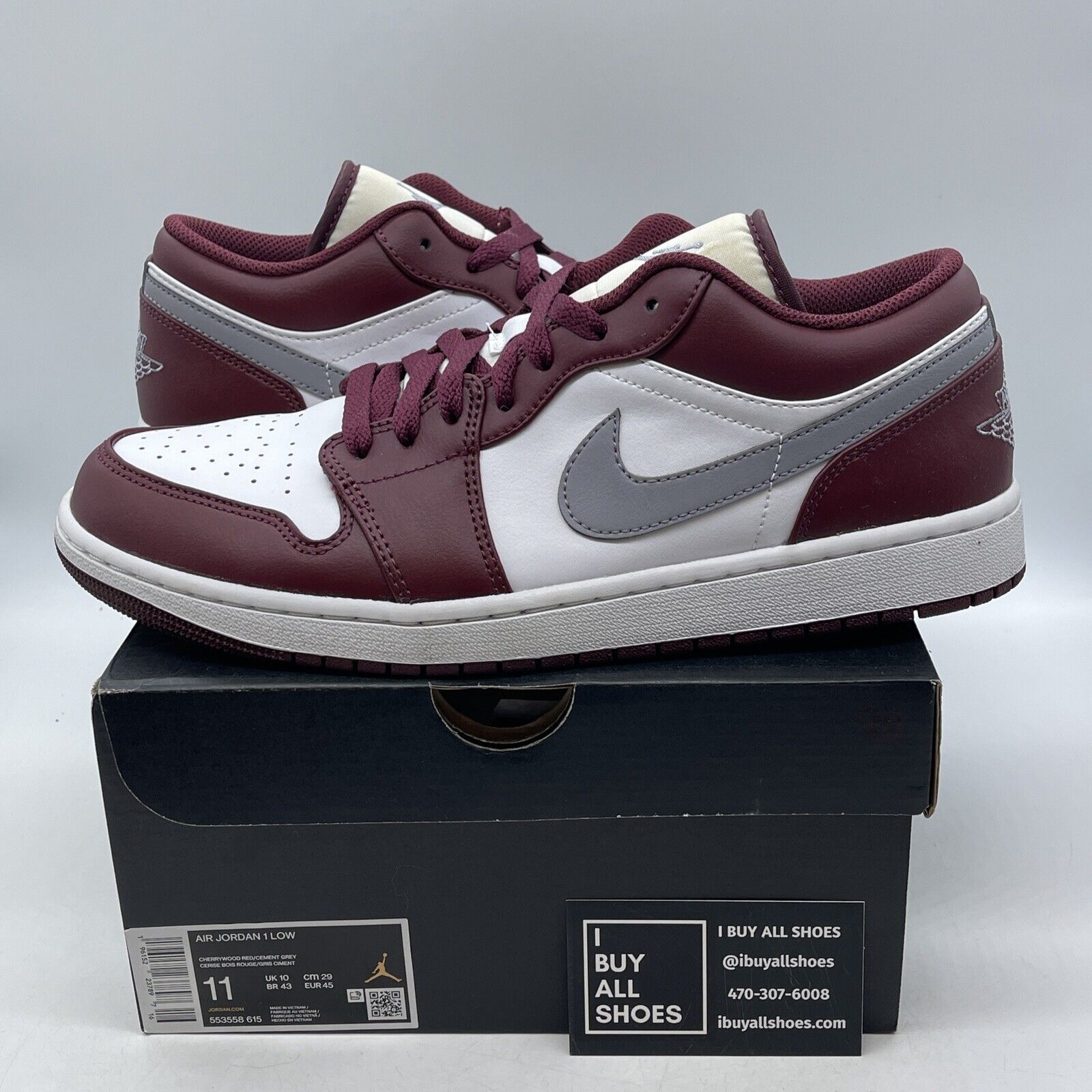 Size 11 - Jordan 1 Low Cherrywood Red Burgundy White Leather (553558-615)