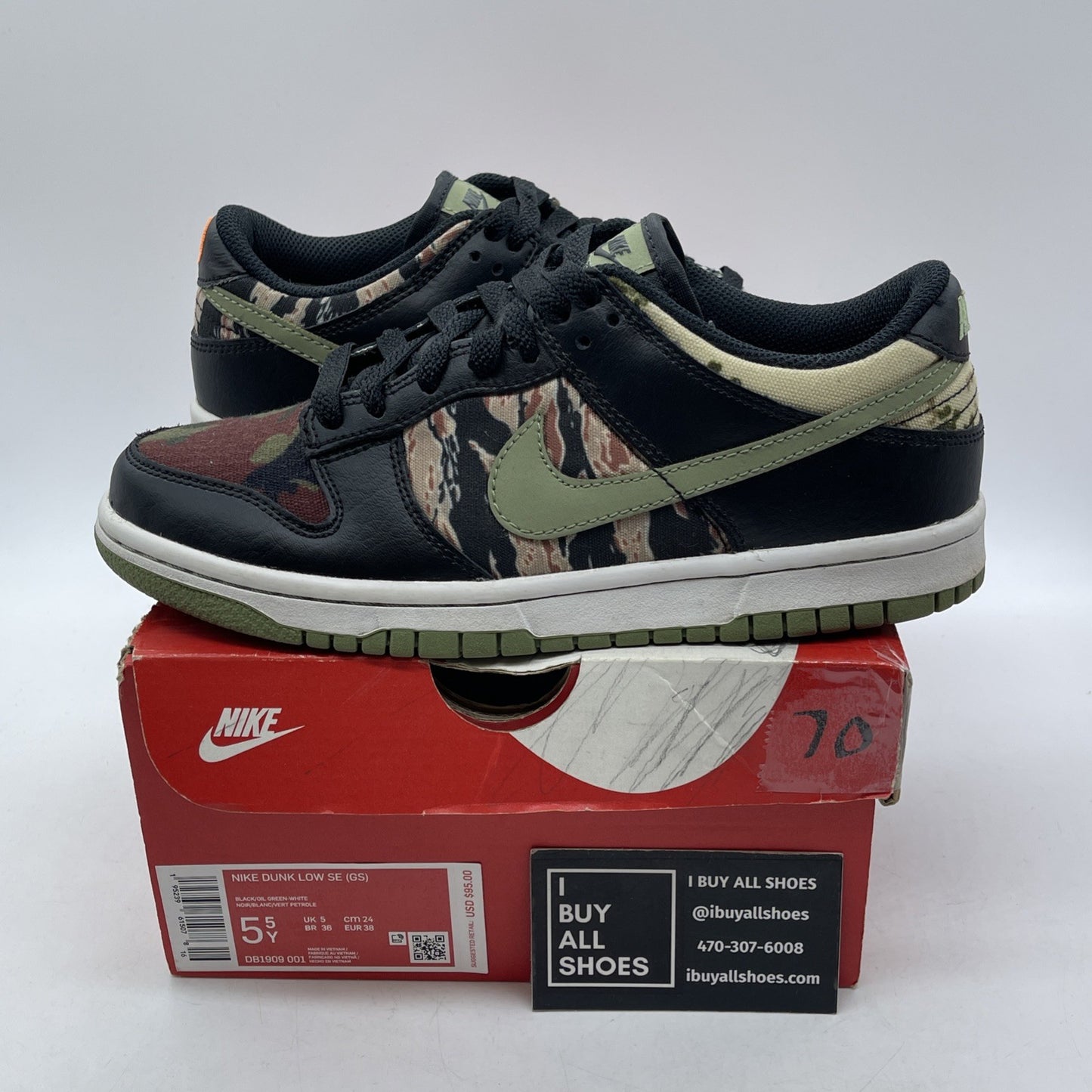 Size 5.5Y - Nike Dunk SE Low Black Multi-Camo Black Green Suede (DB1909-001)