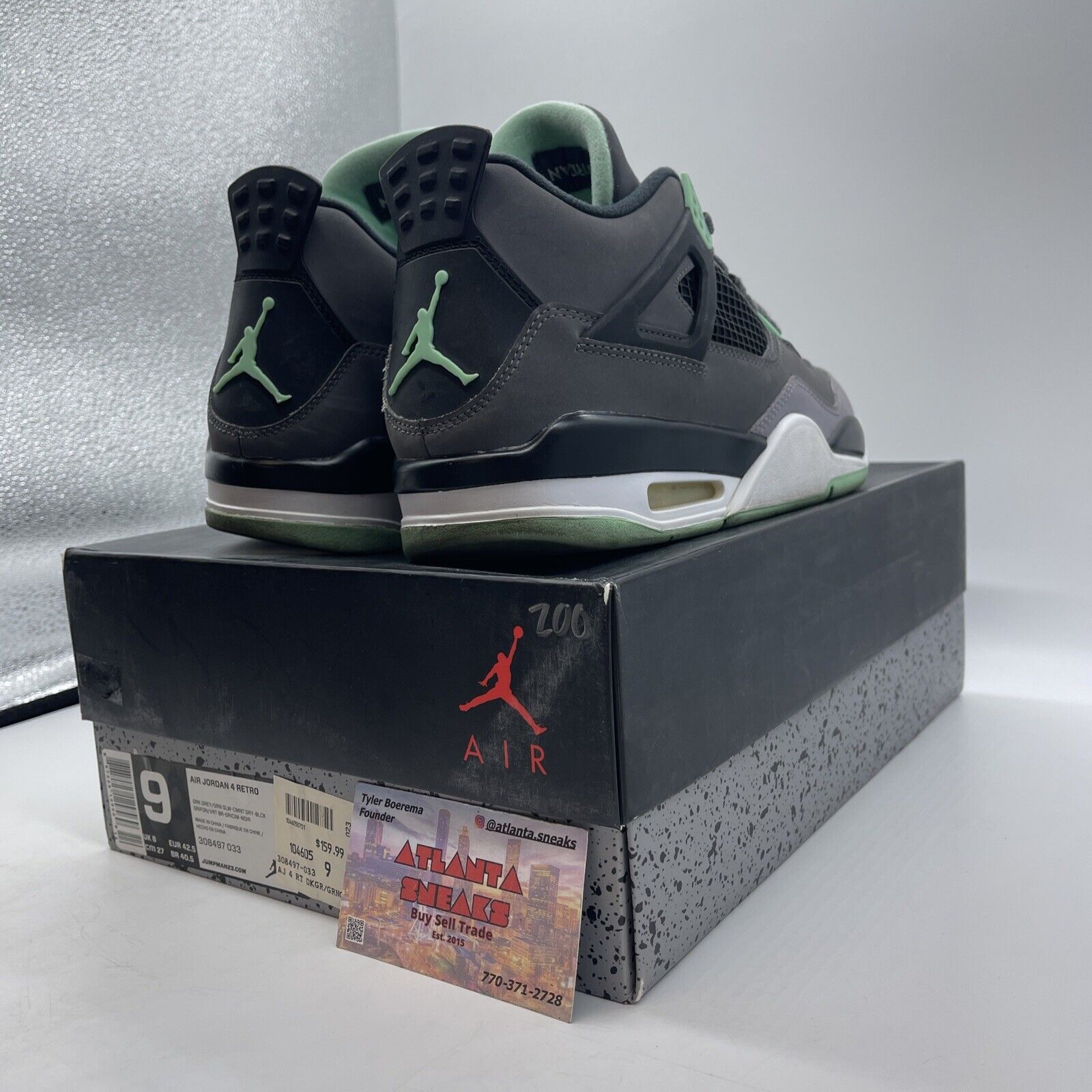 Size 9 - Jordan 4 Retro Green Glow 2013 Grey Black White Suede (308497-033)