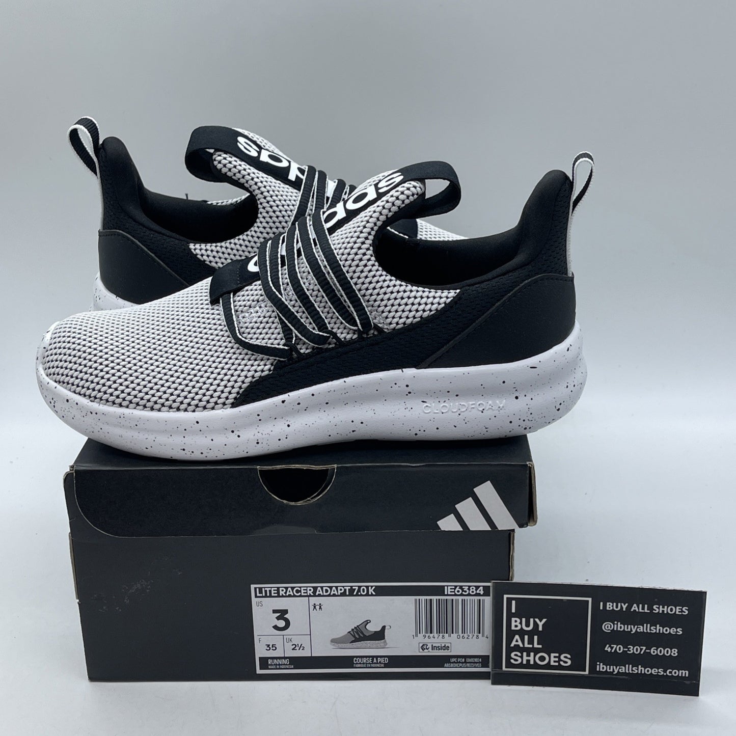 Size 3Y - adidas Lite Racer Adapt 7.0 Cloud White Core Black Leather (IE6384)
