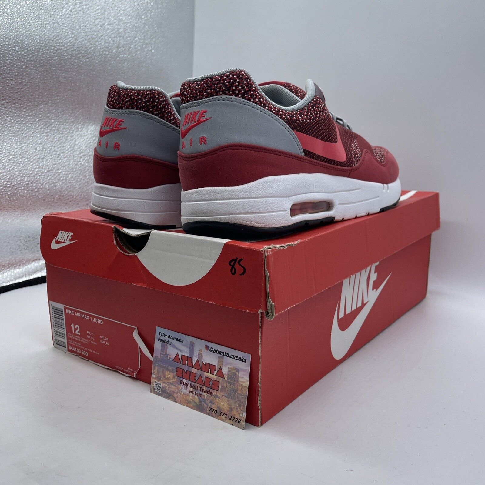 Size 12 - Nike Air Max 1 JCRD Gym Red White Grey Black Suede (644153-600)