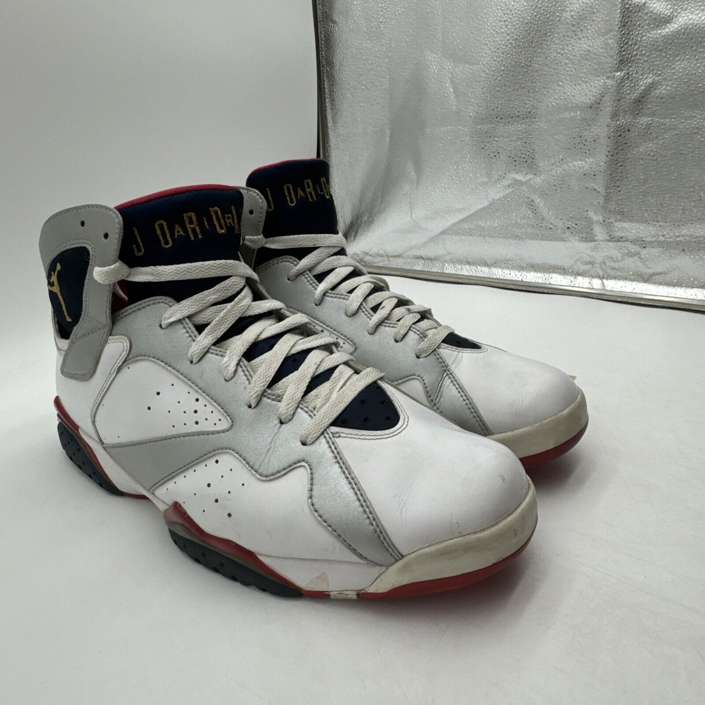 Size 14 - Jordan 7 Retro Olympic 2012 White Gold Paris Gold Red Shiny Navy