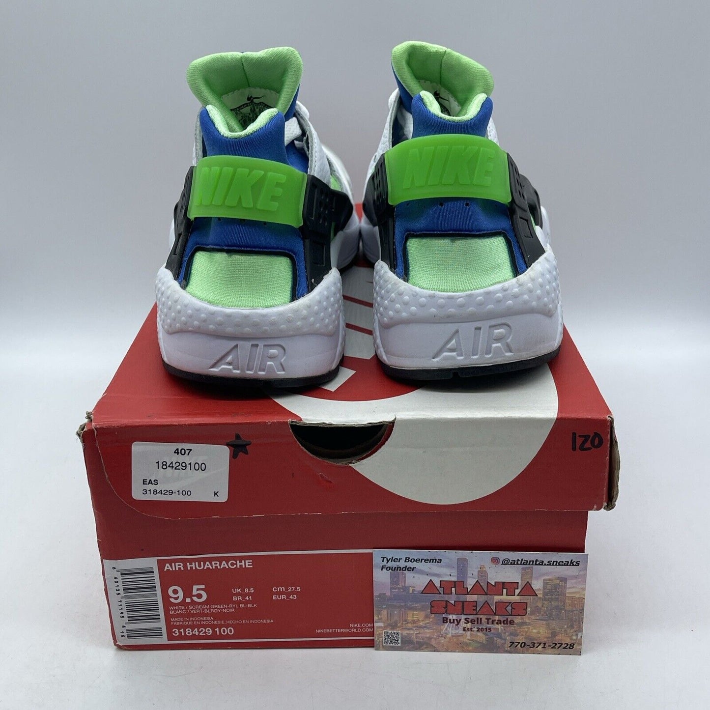 Size 9.5 - Nike Air Huarache Scream Green Blue White Suede Leather (318429-100)