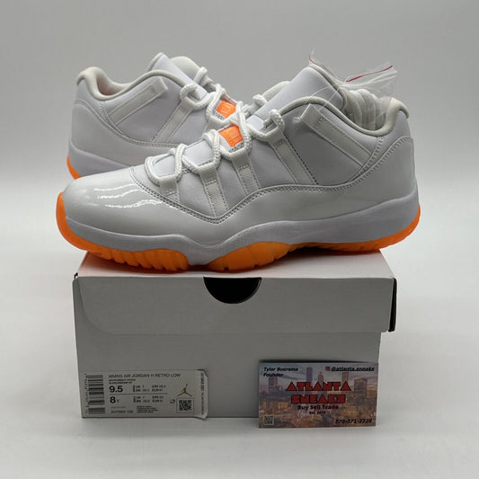 Size 9.5 - Jordan 11 Retro Low White Citrus Orange Sole New Patent Leather Plush