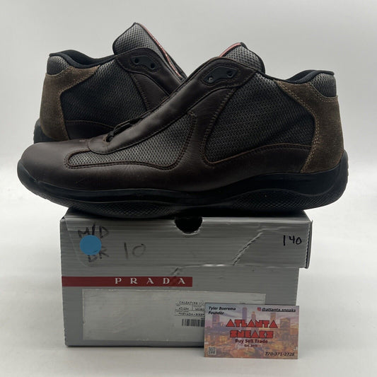 Size 10 PRADA Americas Cup Sneakers Shoes Brown Leather Mesh Shoes (4T1234)