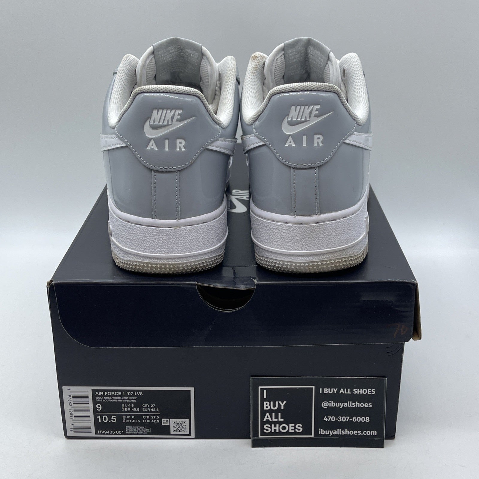 Size 9 - Nike Air Force 1 '07 LV8 Wolf Grey Patent White Leather (HV9405-001)