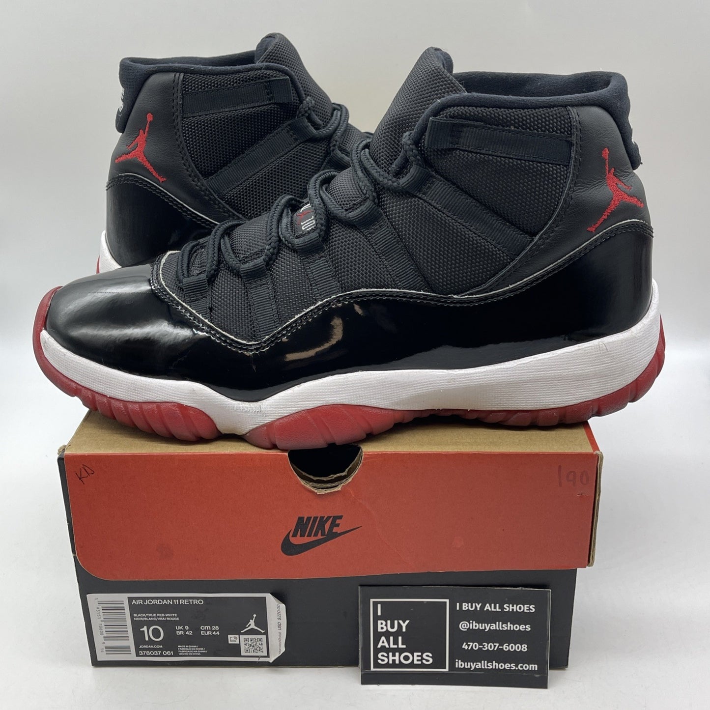 Size 10 - Jordan 11 Retro High Bred Black Red White Suede Leather (378037-061)