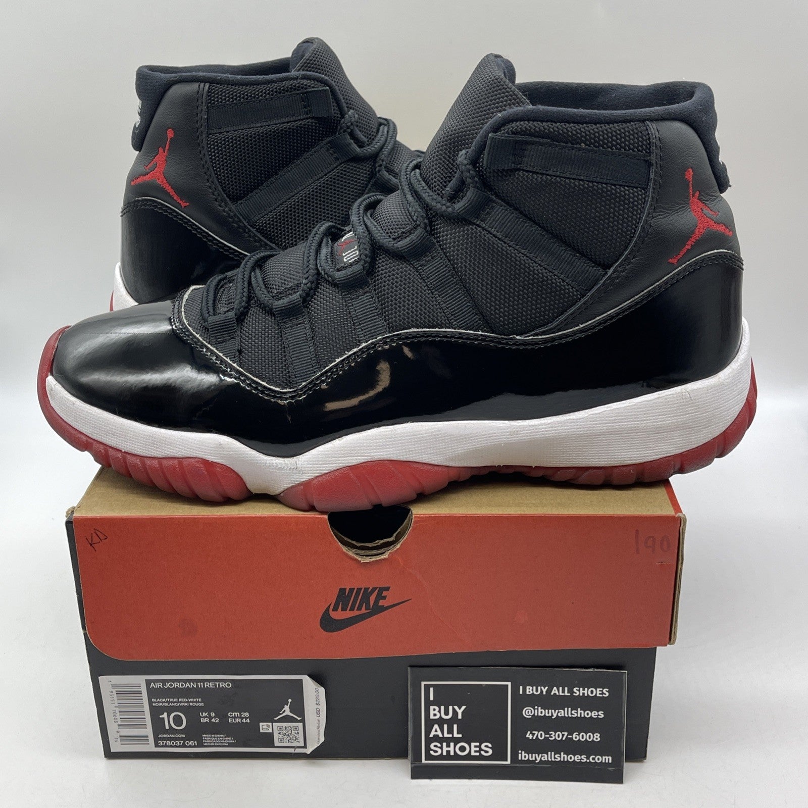 Size 10 - Jordan 11 Retro High Bred Black Red White Suede Leather (378037-061)