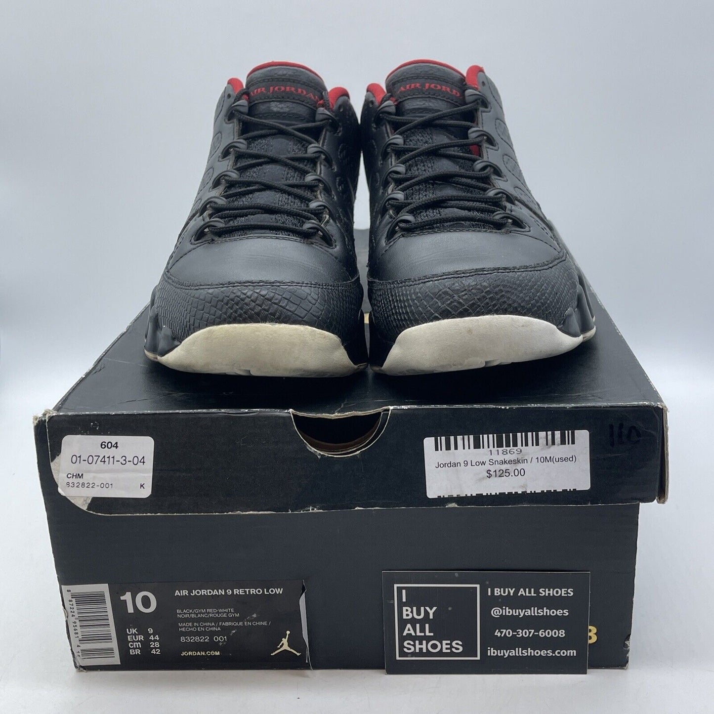 Size 10 - Air Jordan 9 Retro Low Snakeskin  Black Red Leather (832822-001)