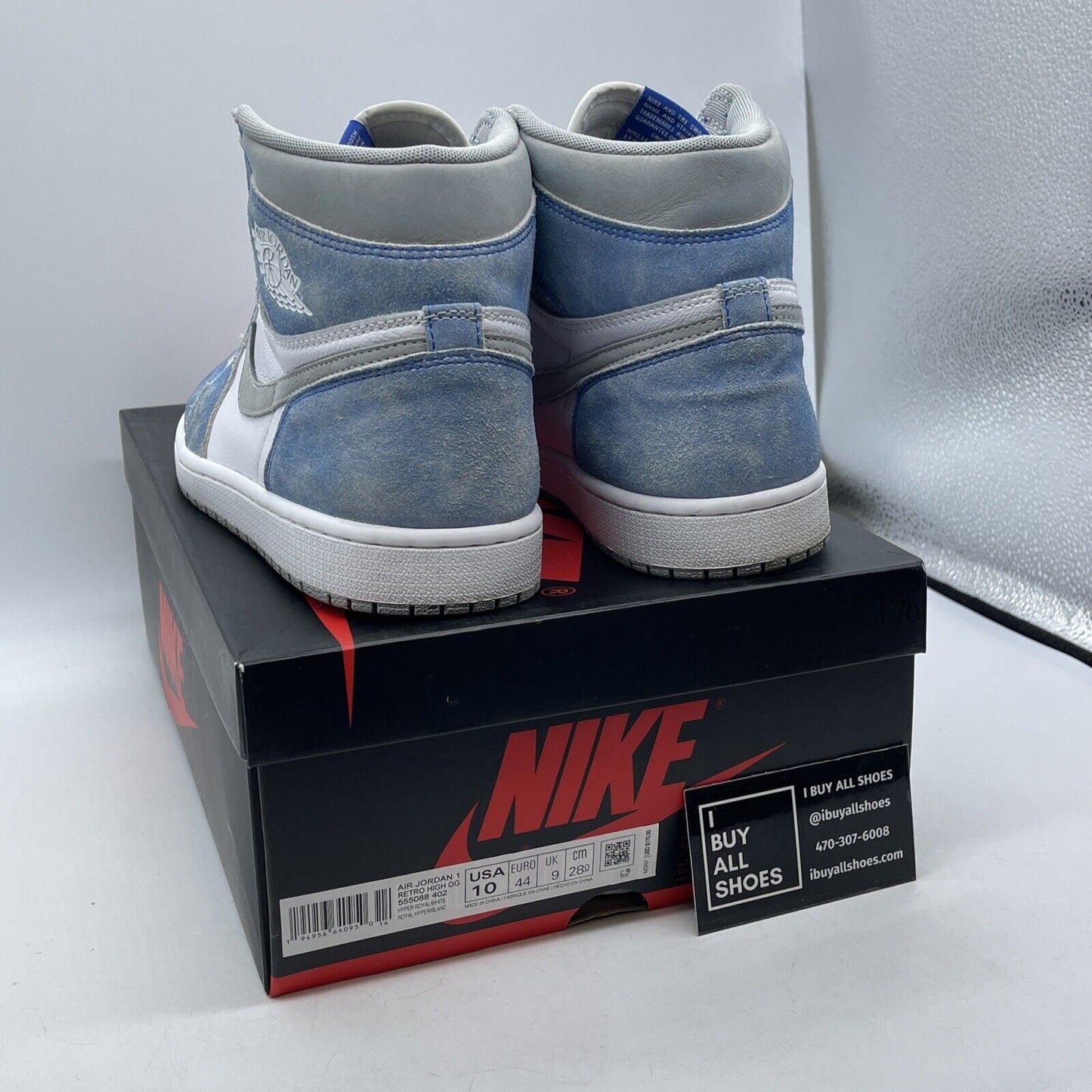 Size 10 - Jordan 1 Retro OG High Hyper Royal Blue Grey Suede Leather (555088-402