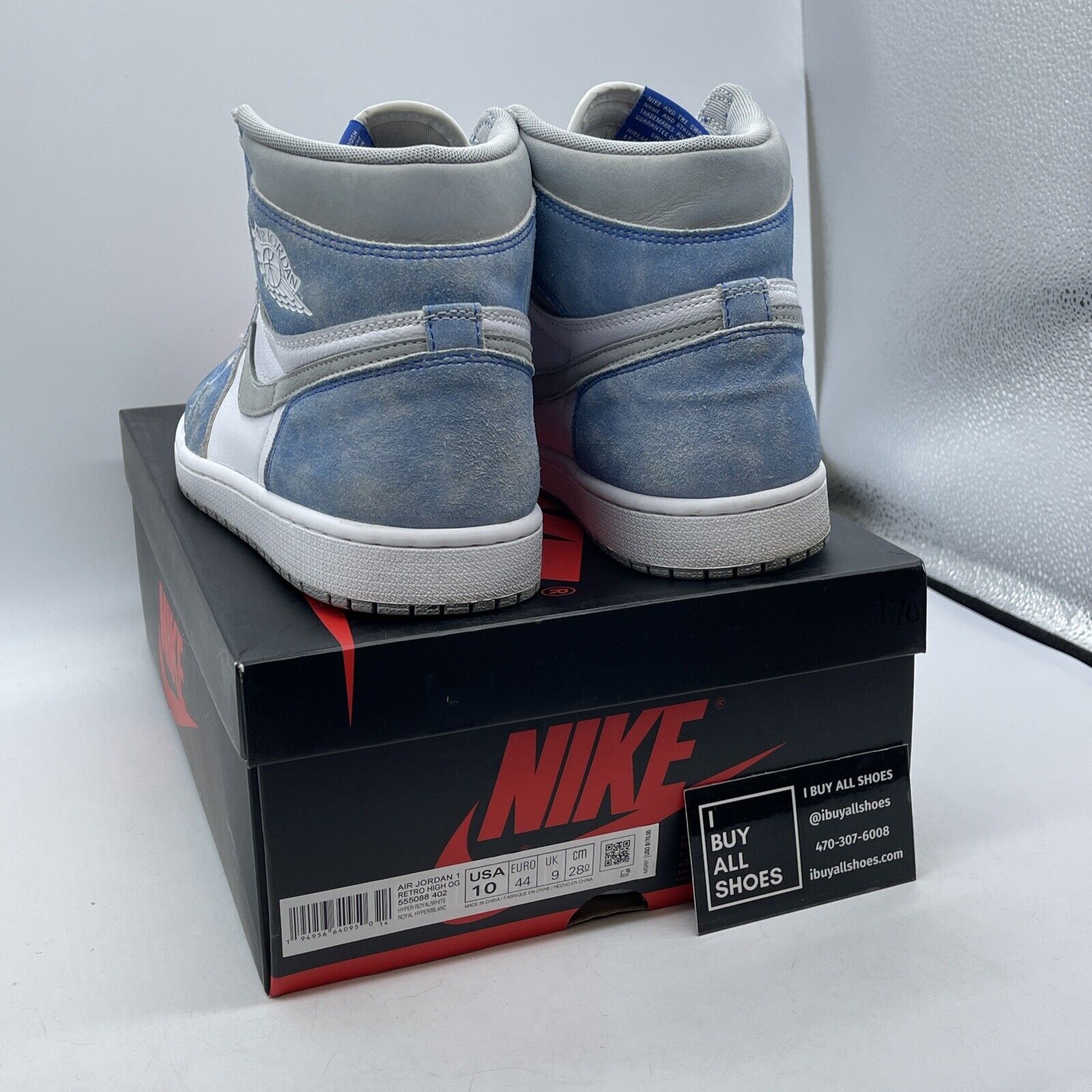 Size 10 - Jordan 1 Retro OG High Hyper Royal Blue Grey Suede Leather (555088-402