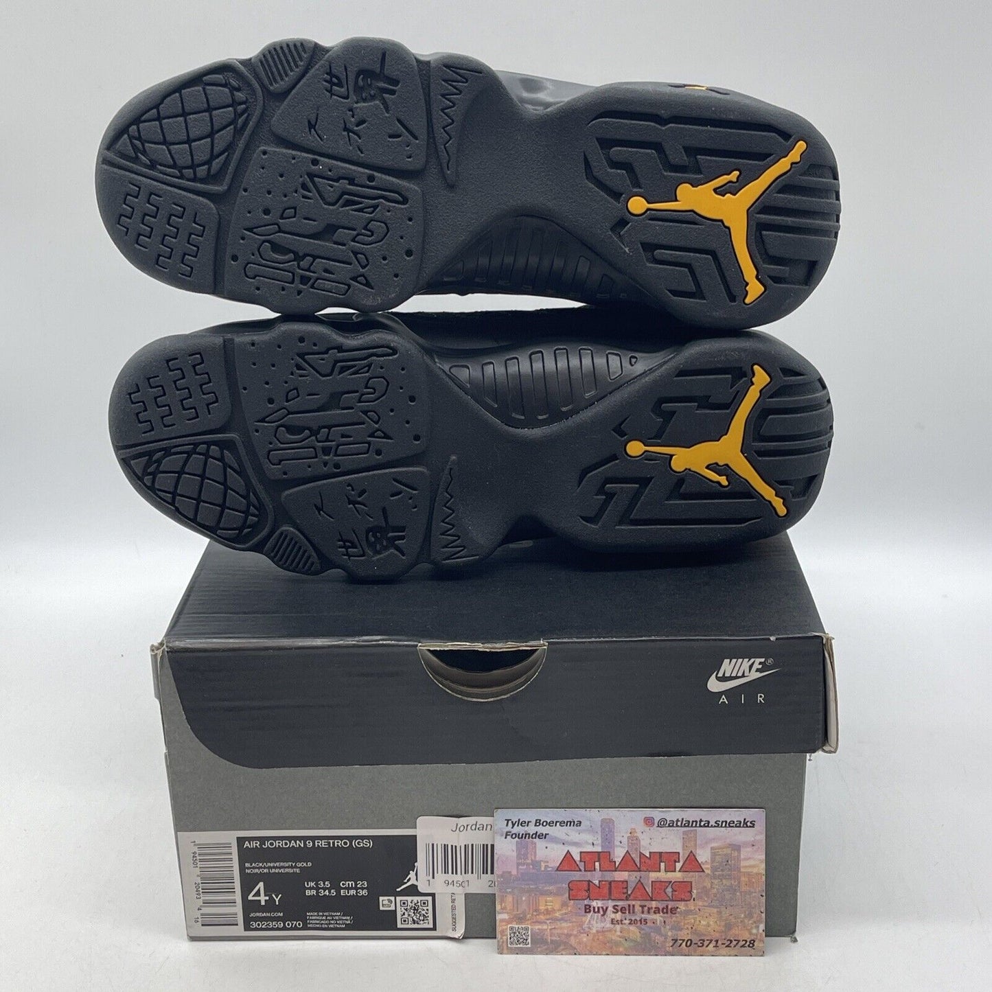 Size 4Y(GS) - Jordan 9 Retro Mid Dark Charcoal University Gold (302359-070)