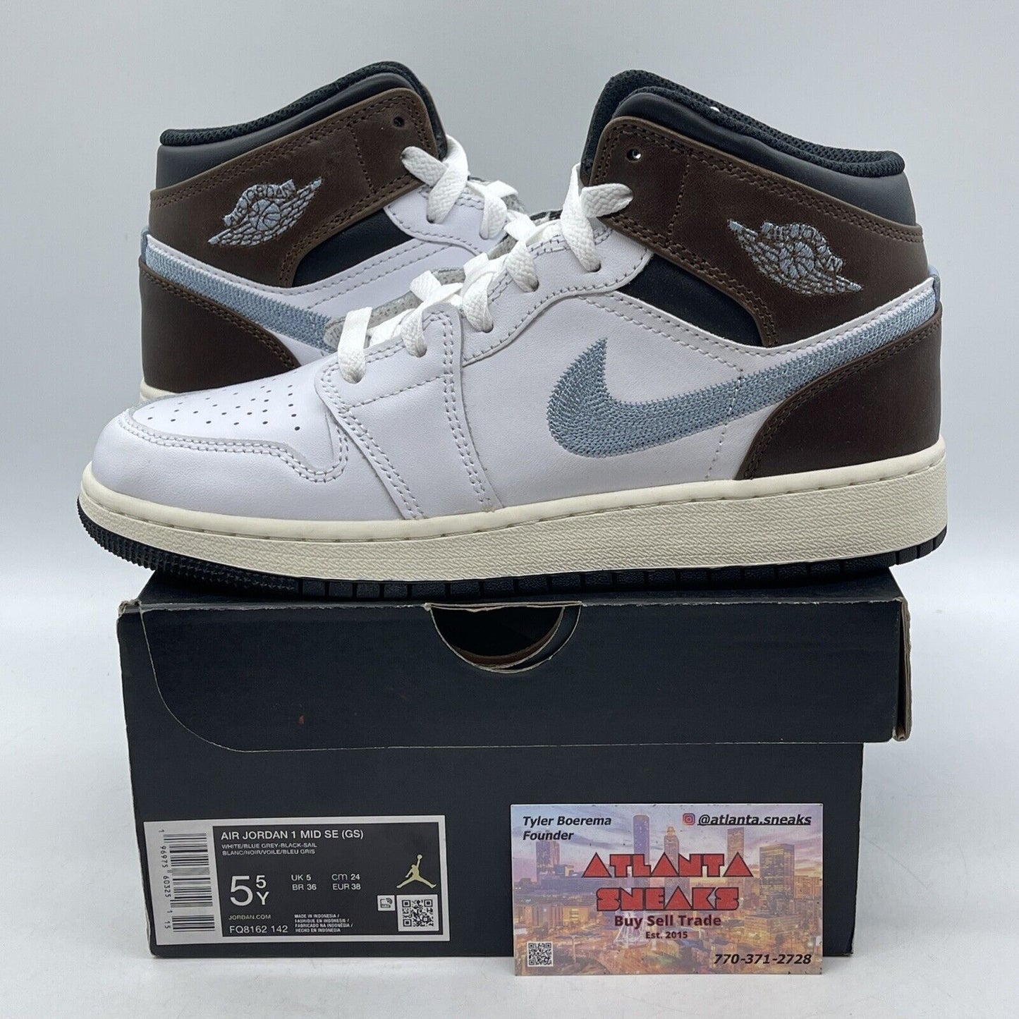 Size 5.5Y - AIR JORDAN 1 MID SE_WHITE/BLUE GREY BLACK Leather  (FQ8162-142)