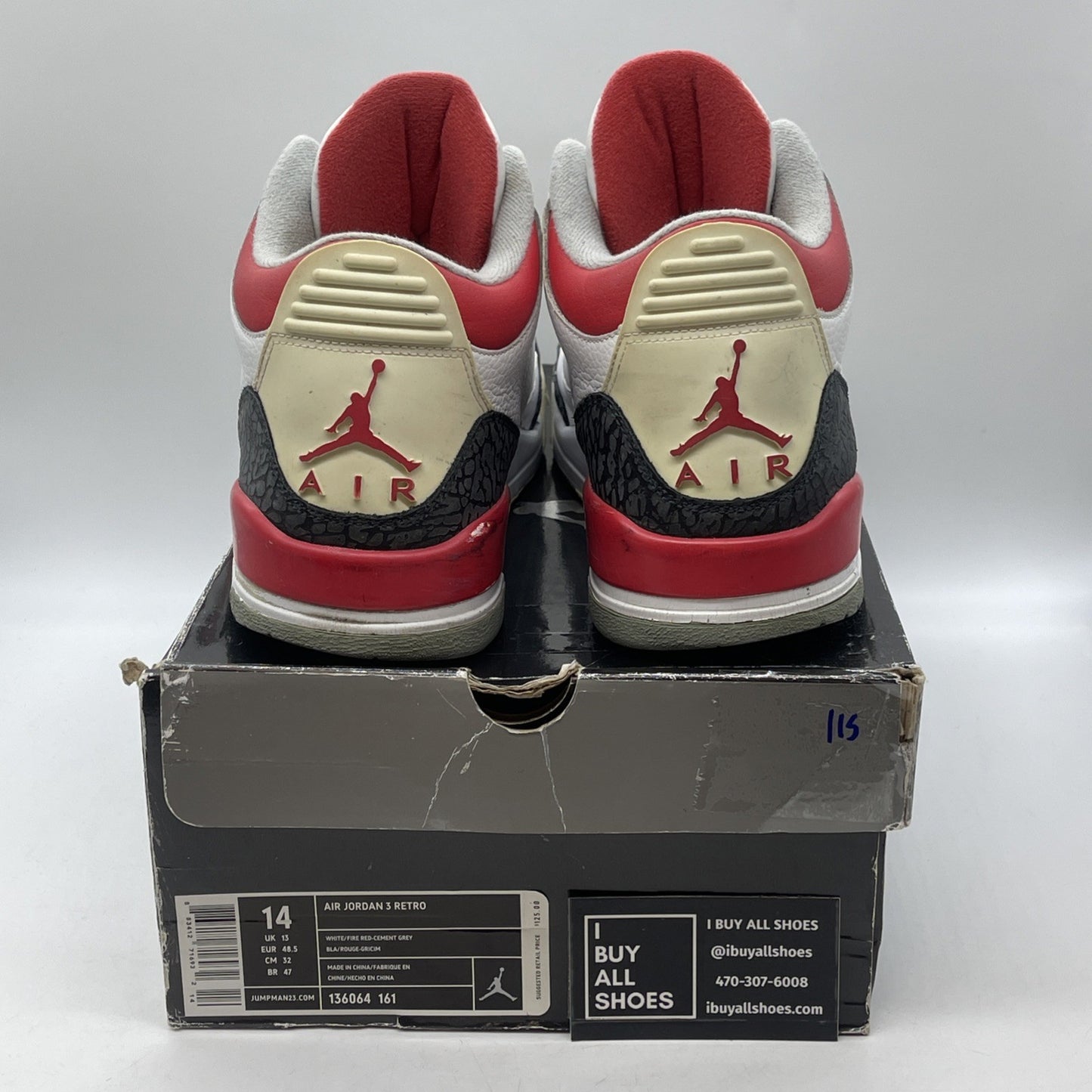 Size 14 - Air Jordan 3 Retro 2007 Fire Red White Grey Leather (136064-161)