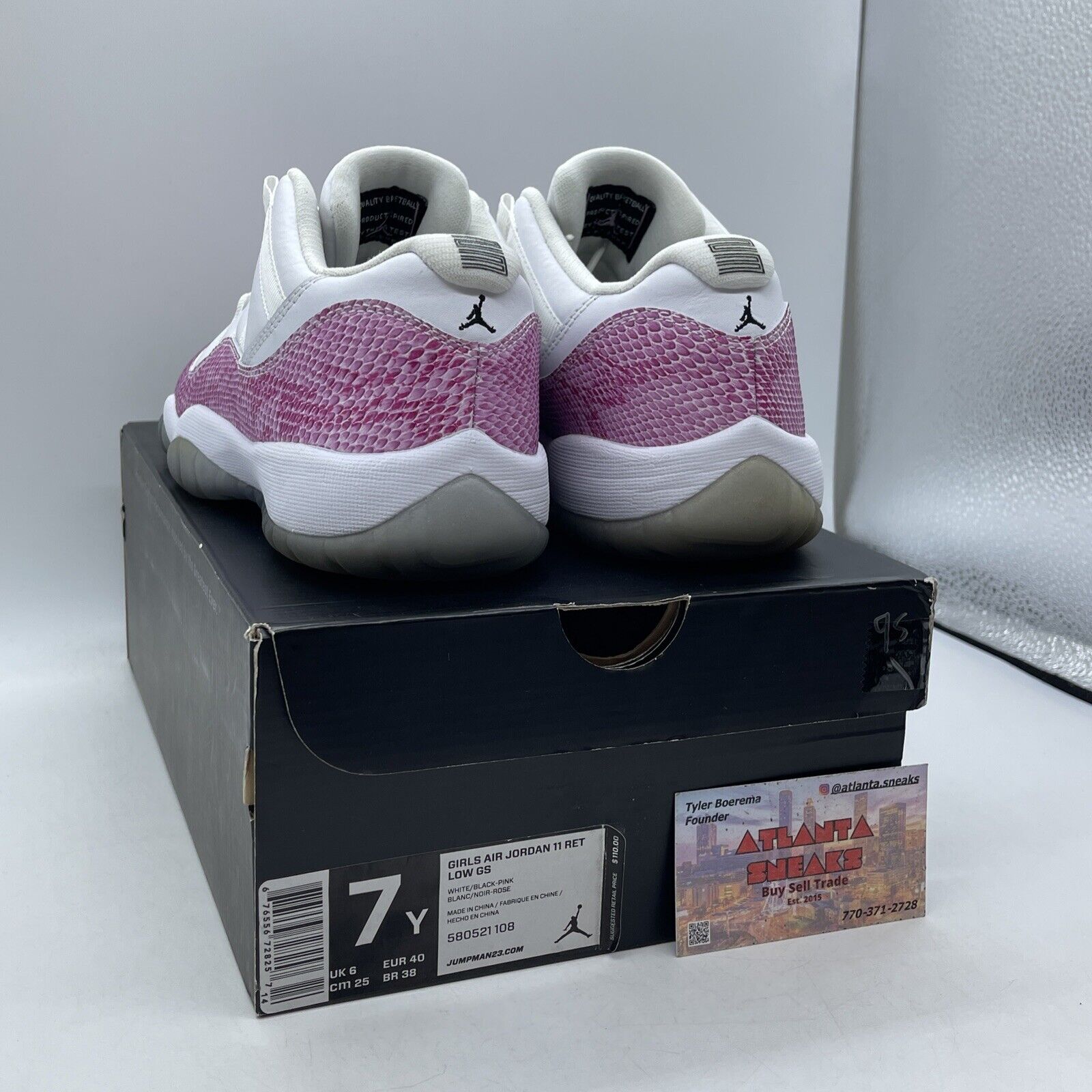 Size 7Y -  Air Jordan 11 Low Pink Snakeskin Pink White Leather (580521-108)