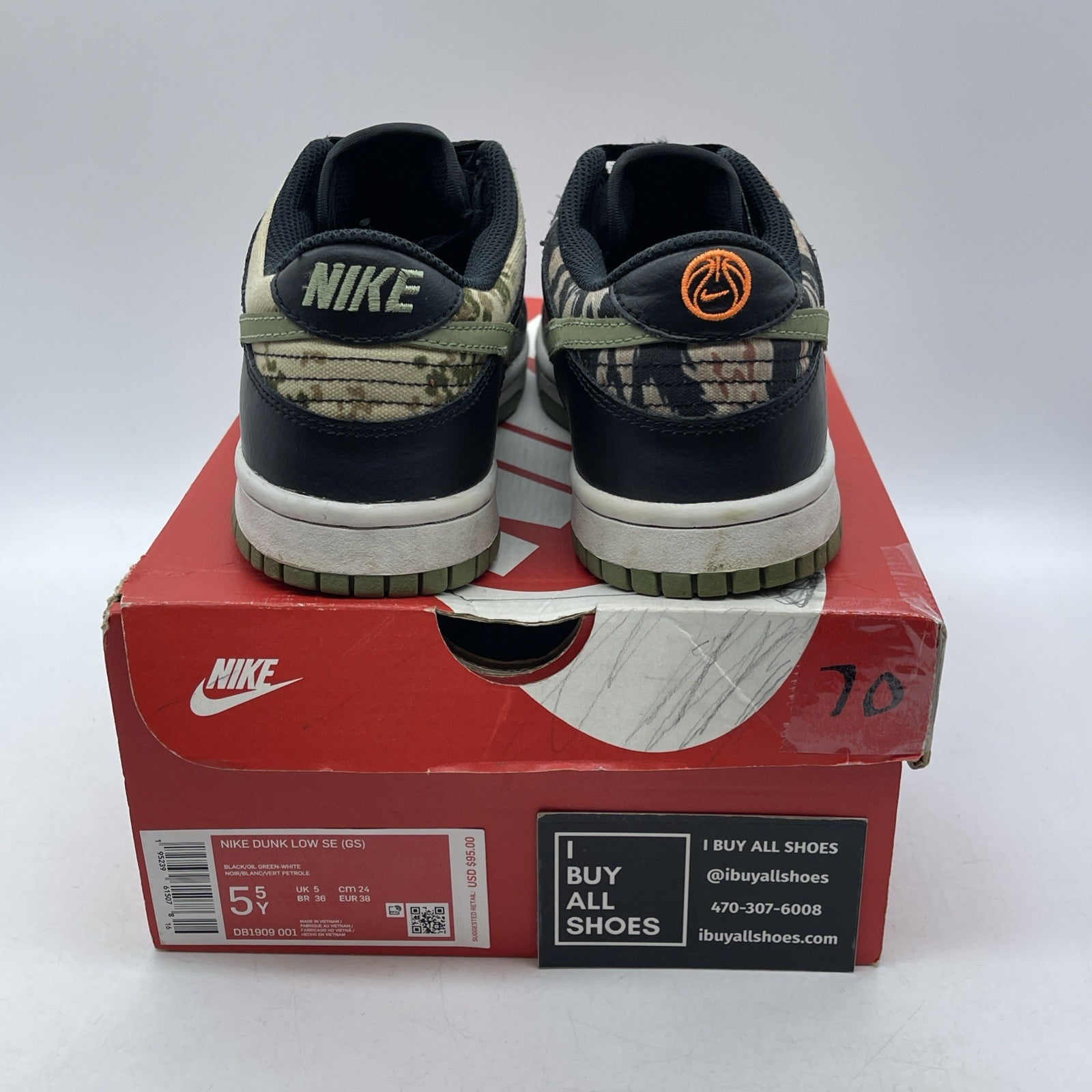 Size 5.5Y - Nike Dunk SE Low Black Multi-Camo Black Green Suede (DB1909-001)