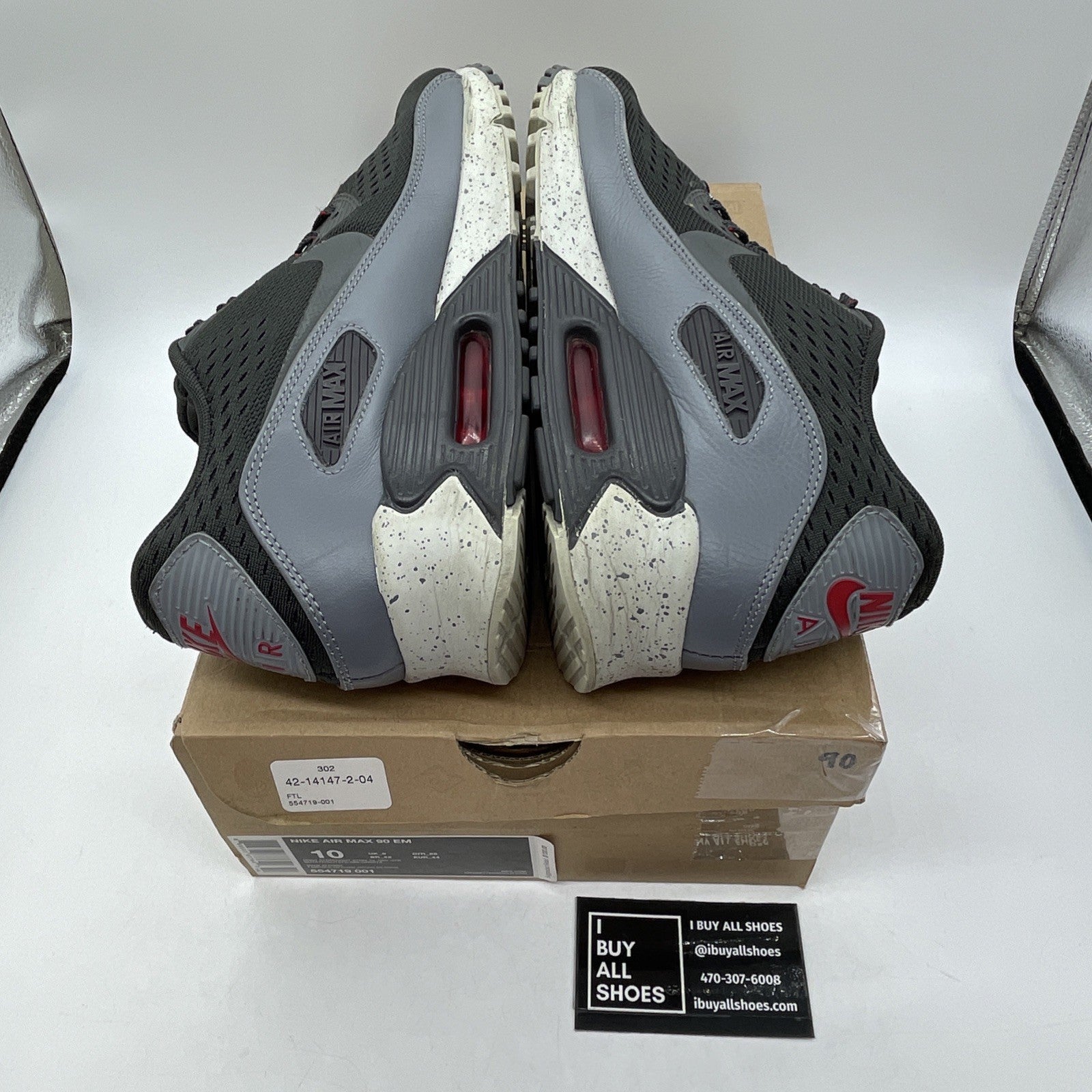 Size 10 - Nike Air Max 90 EM Black Grey Red Suede Leather (554719-001)