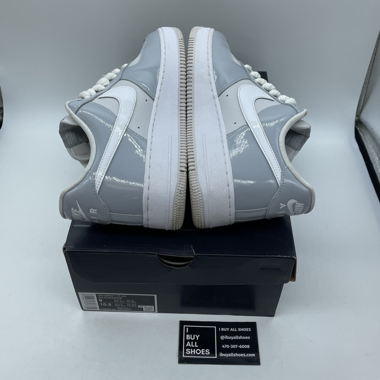Size 9 - Nike Air Force 1 '07 LV8 Wolf Grey Patent White Leather (HV9405-001)