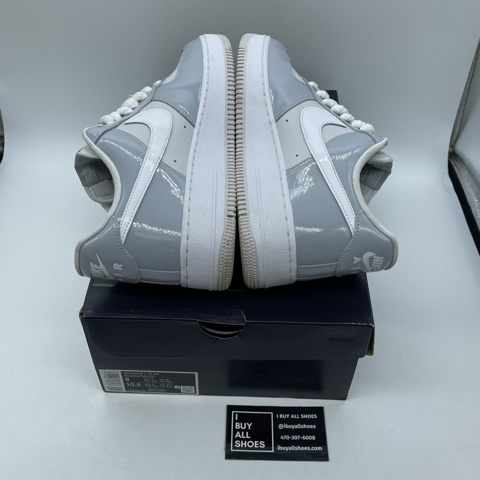 Size 9 - Nike Air Force 1 '07 LV8 Wolf Grey Patent White Leather (HV9405-001)