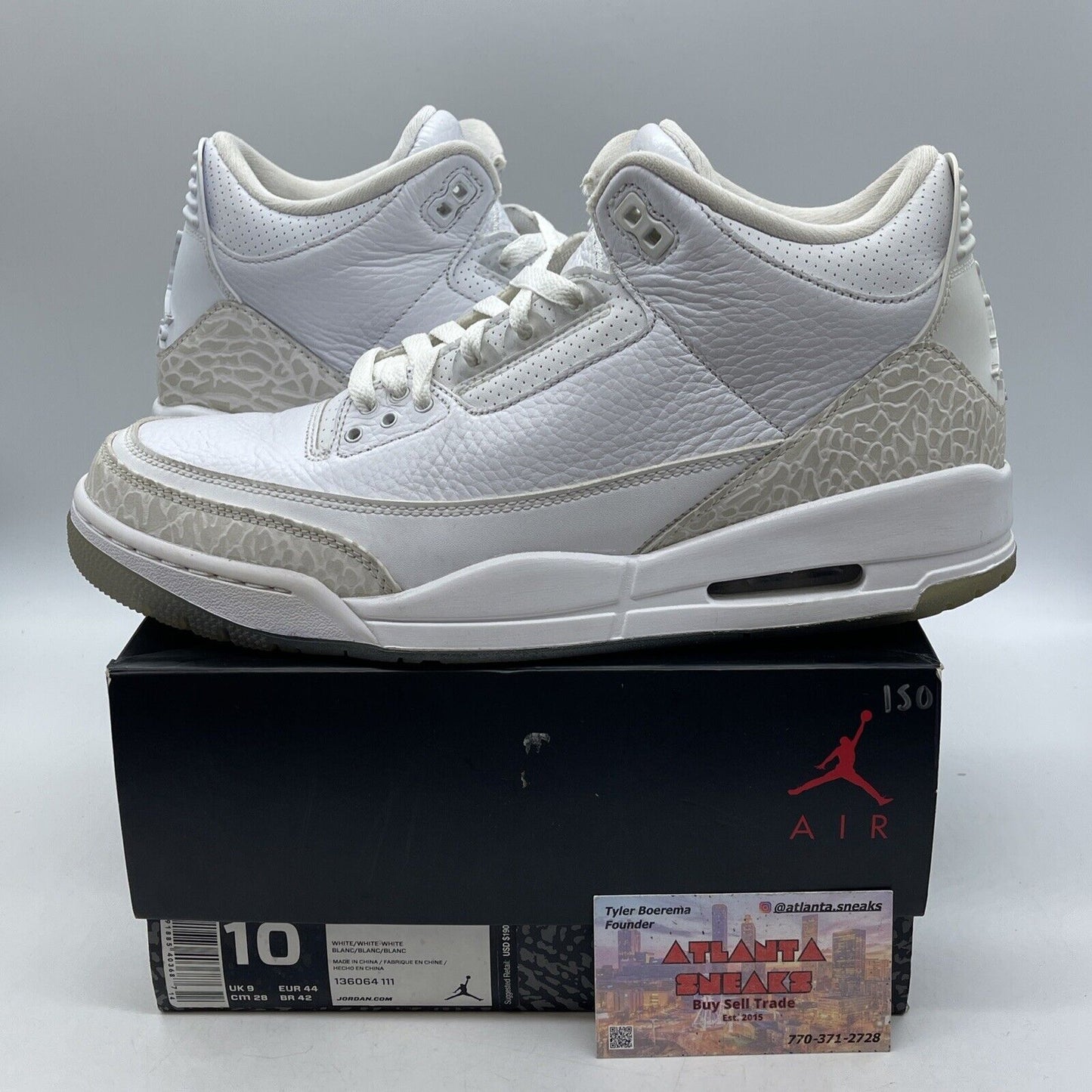 Size 10 - Air Jordan 3 Retro Triple White Tan Leather Suede (136064-111)