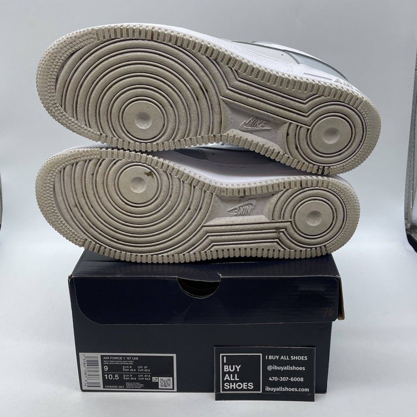 Size 9 - Nike Air Force 1 '07 LV8 Wolf Grey Patent White Leather (HV9405-001)