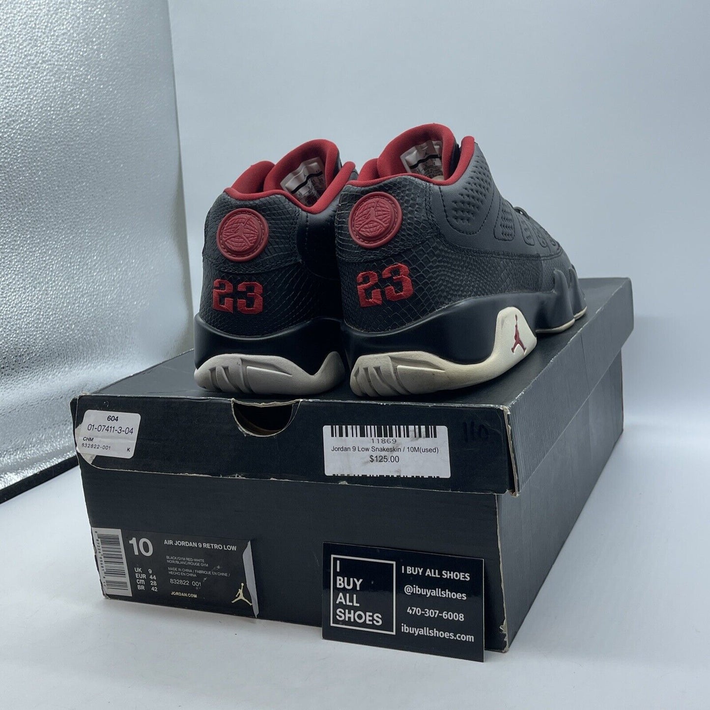 Size 10 - Air Jordan 9 Retro Low Snakeskin  Black Red Leather (832822-001)