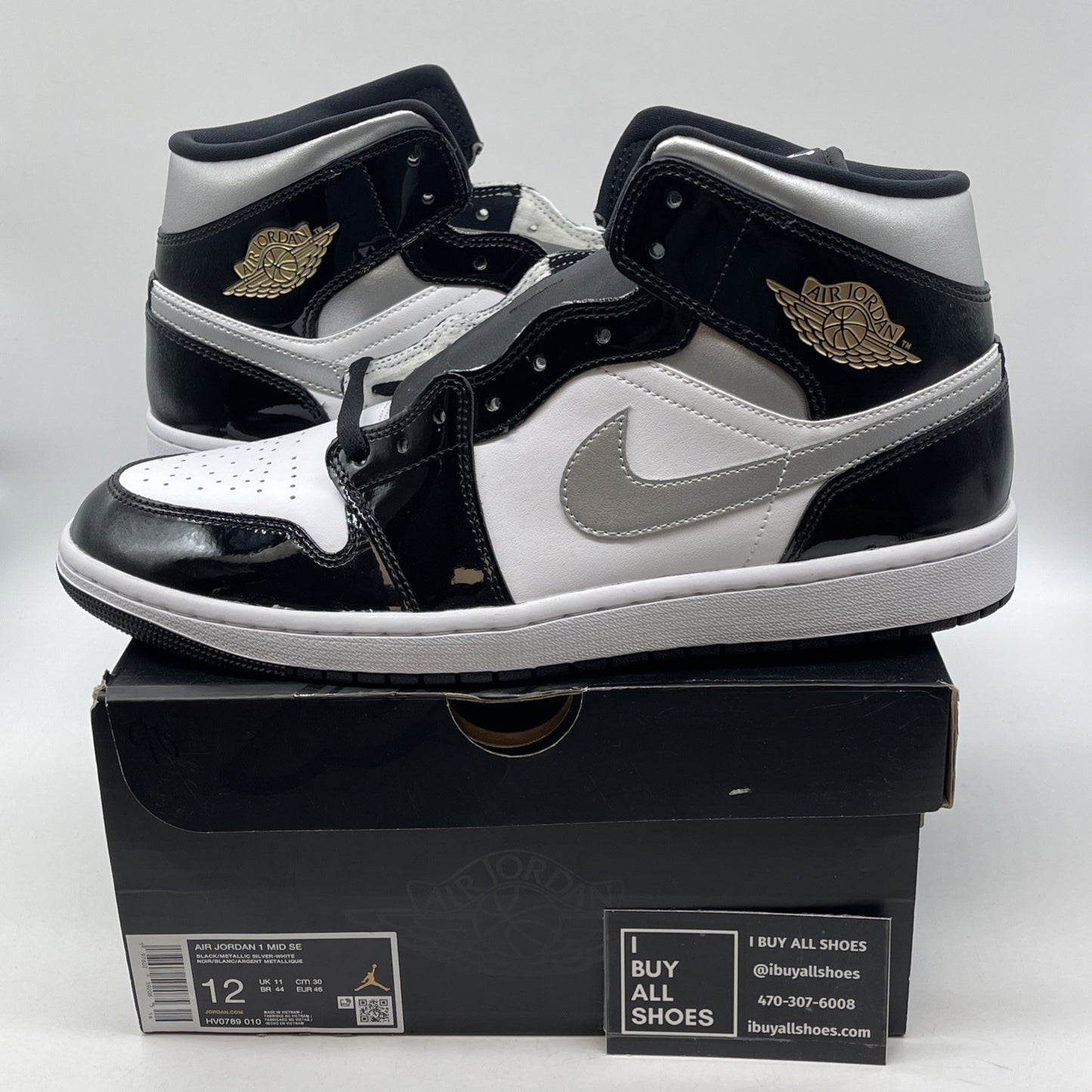 Size 12 - Air Jordan 1 SE Mid Black White Metallic Silver Leather (HV0789-010)