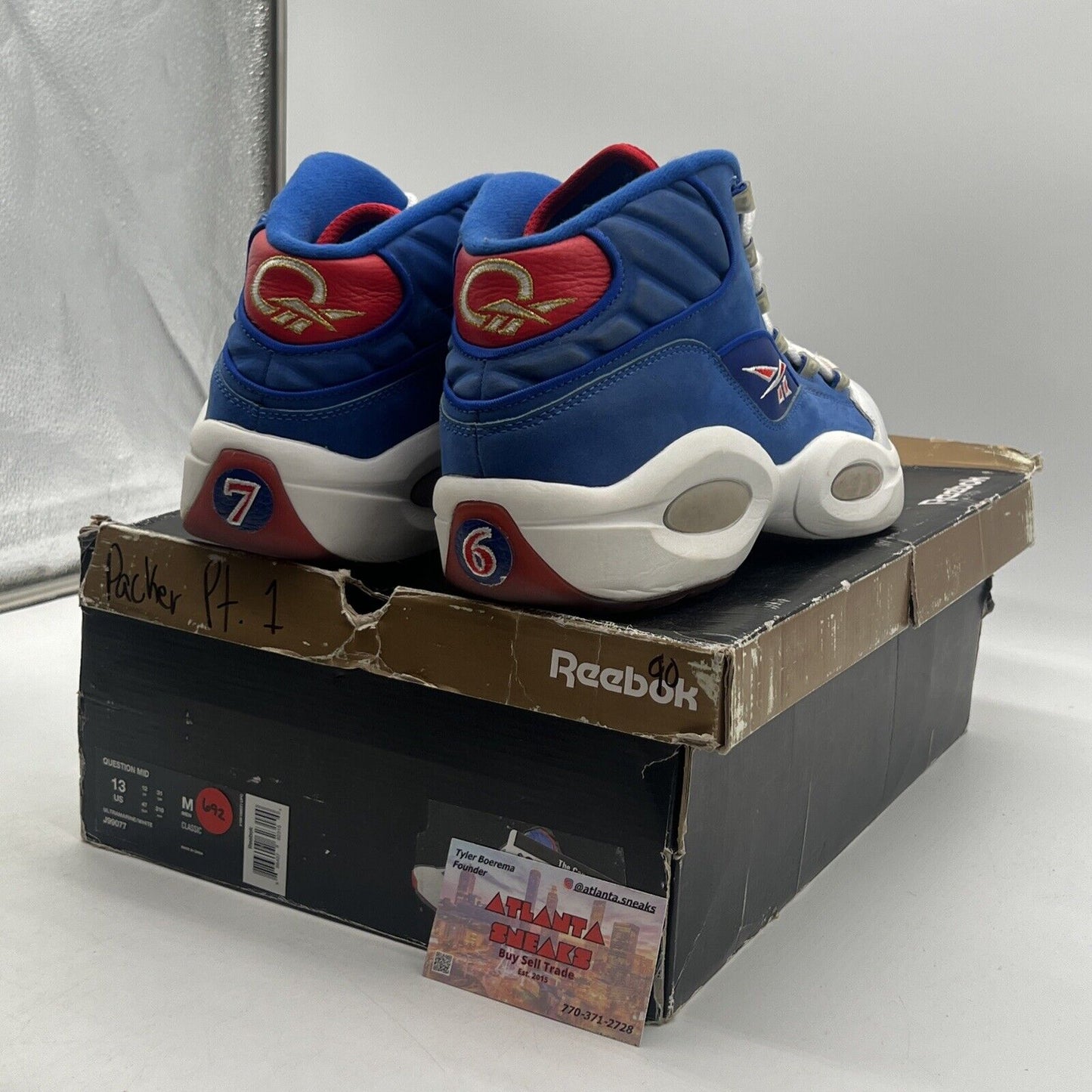 Size 13 - Reebok Question Mid Packer Shoes Blue White Red Leather (J99077)