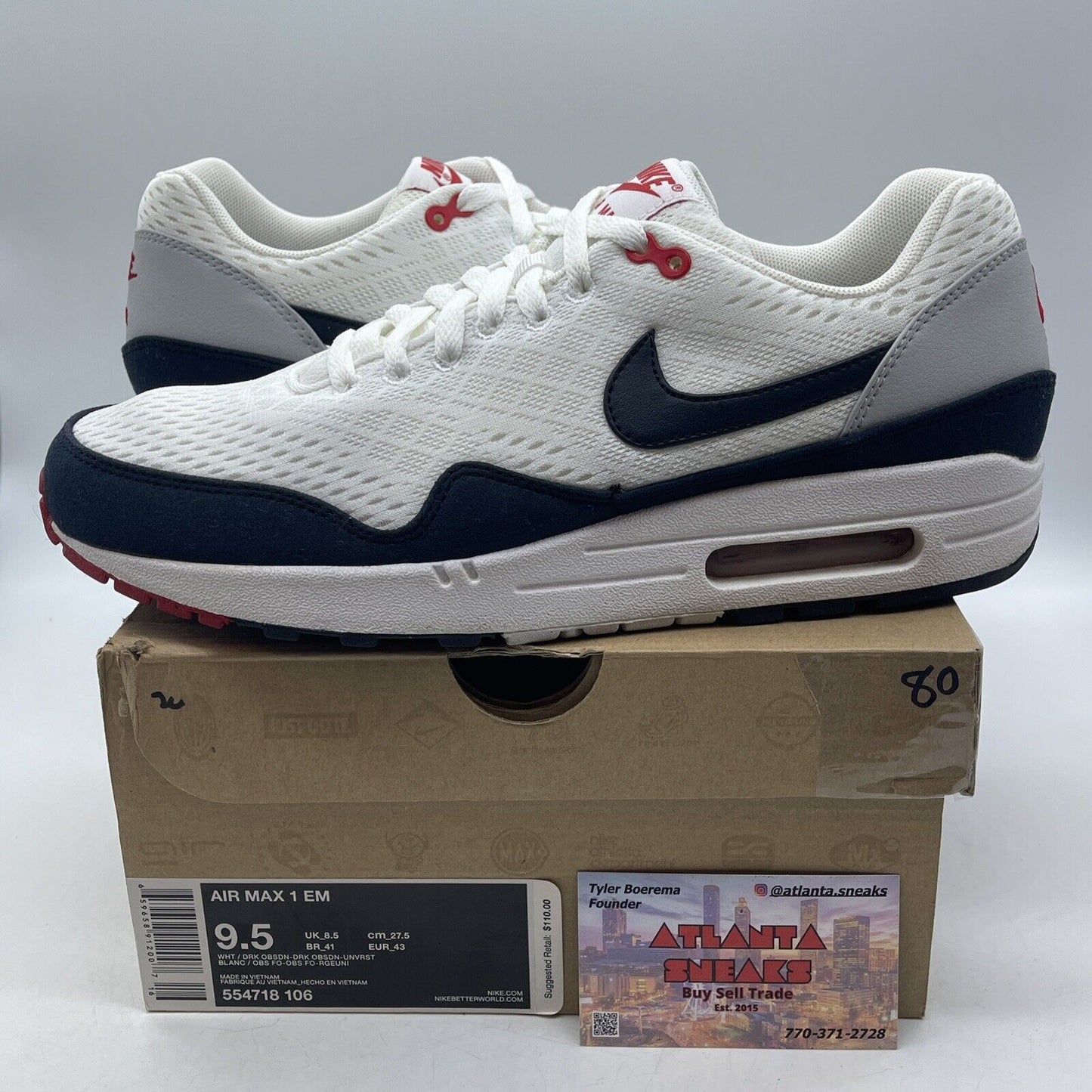 Size 9.5 - Nike Air Max 1 EM 'Dark Obsidian White Blue Grey Suede (554718-106)