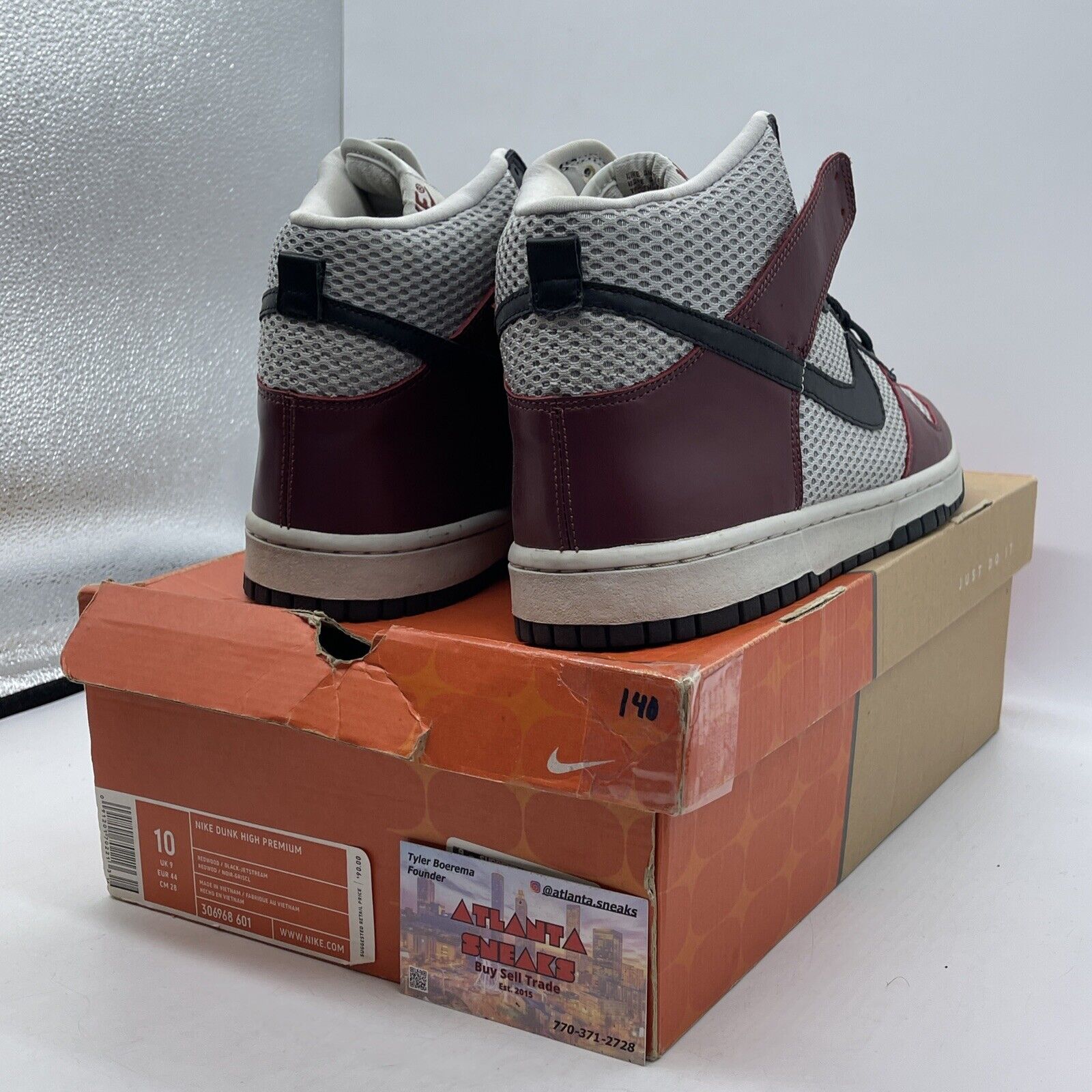 Size 10 - Nike Dunk Premium High Red grey Burgundy Leather Suede (306968-601)