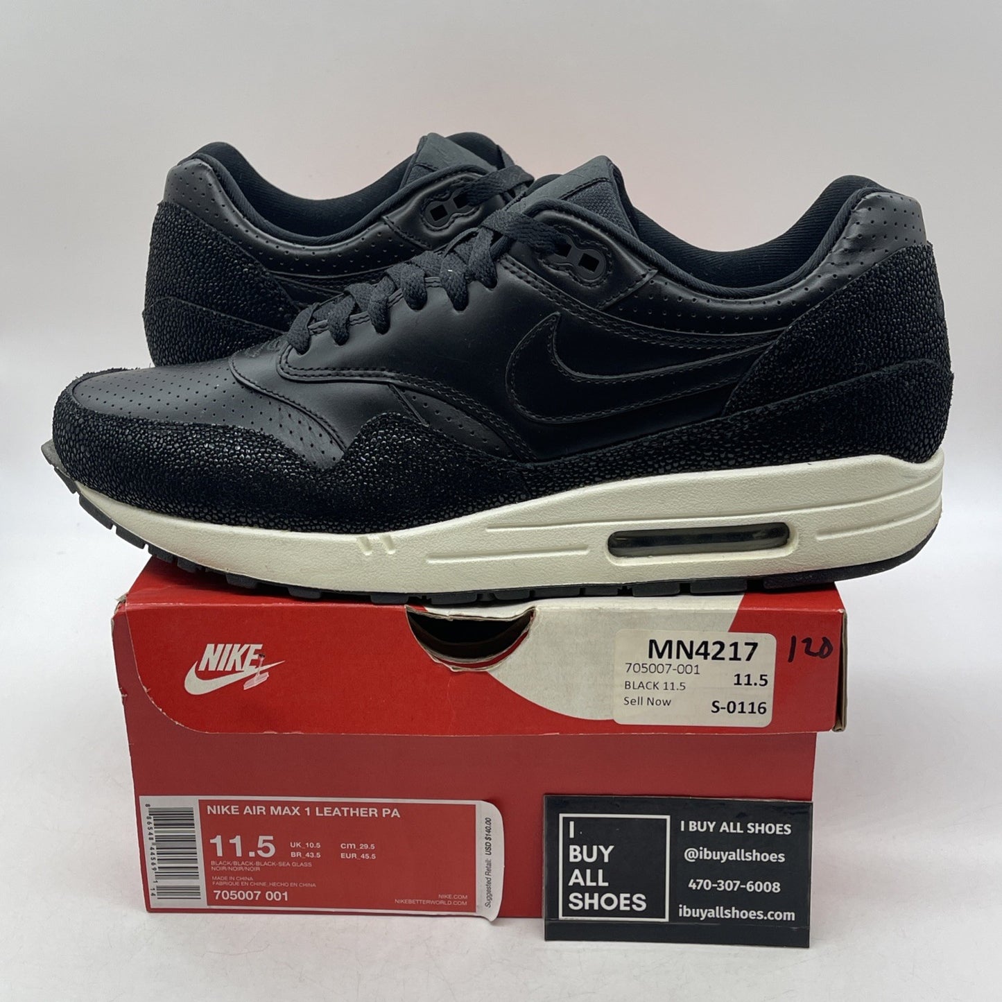 Size 11.5 - Nike Air Max 1 Leather Pa Caviar (705007-001)