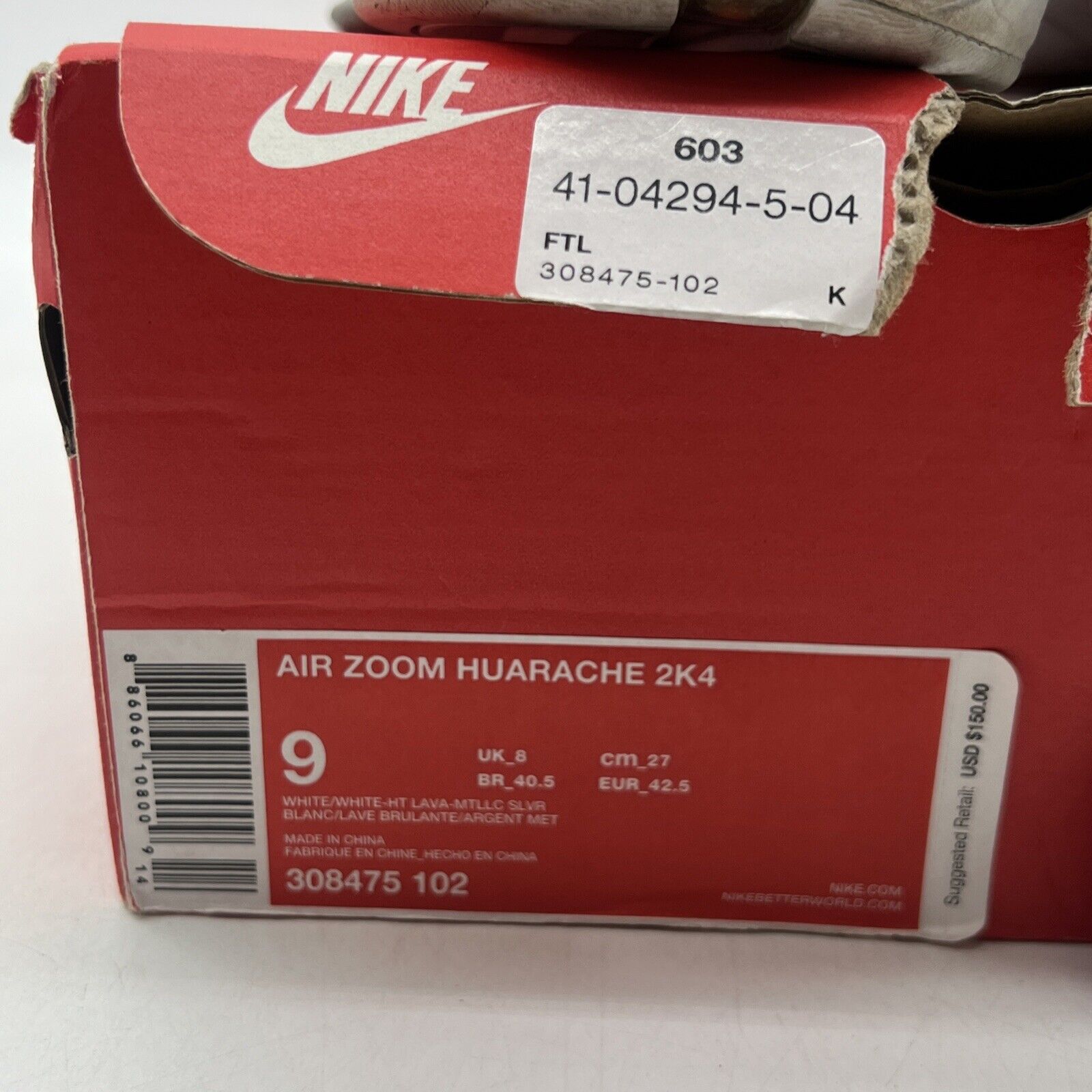 Size 9 - Nike Zoom Huarache 2K4 White Hot Lava Leather (308475-102)