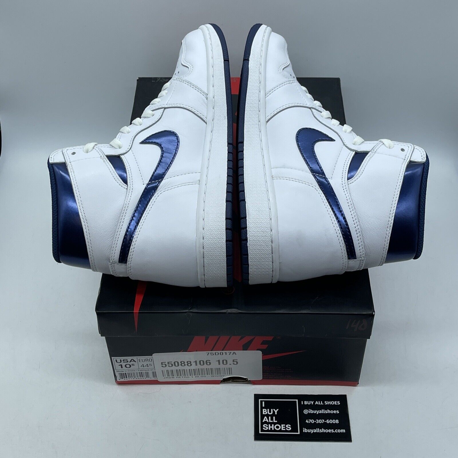Size 10.5 - Air Jordan 1 Retro OG High Metallic Navy White Leather (555088-106)