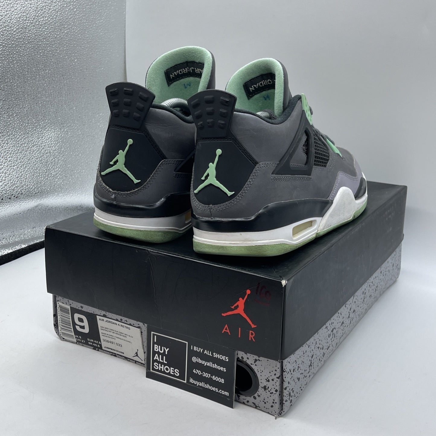 Size 9 - Jordan 4 Retro Green Glow Grey White Black Suede (308497-033)