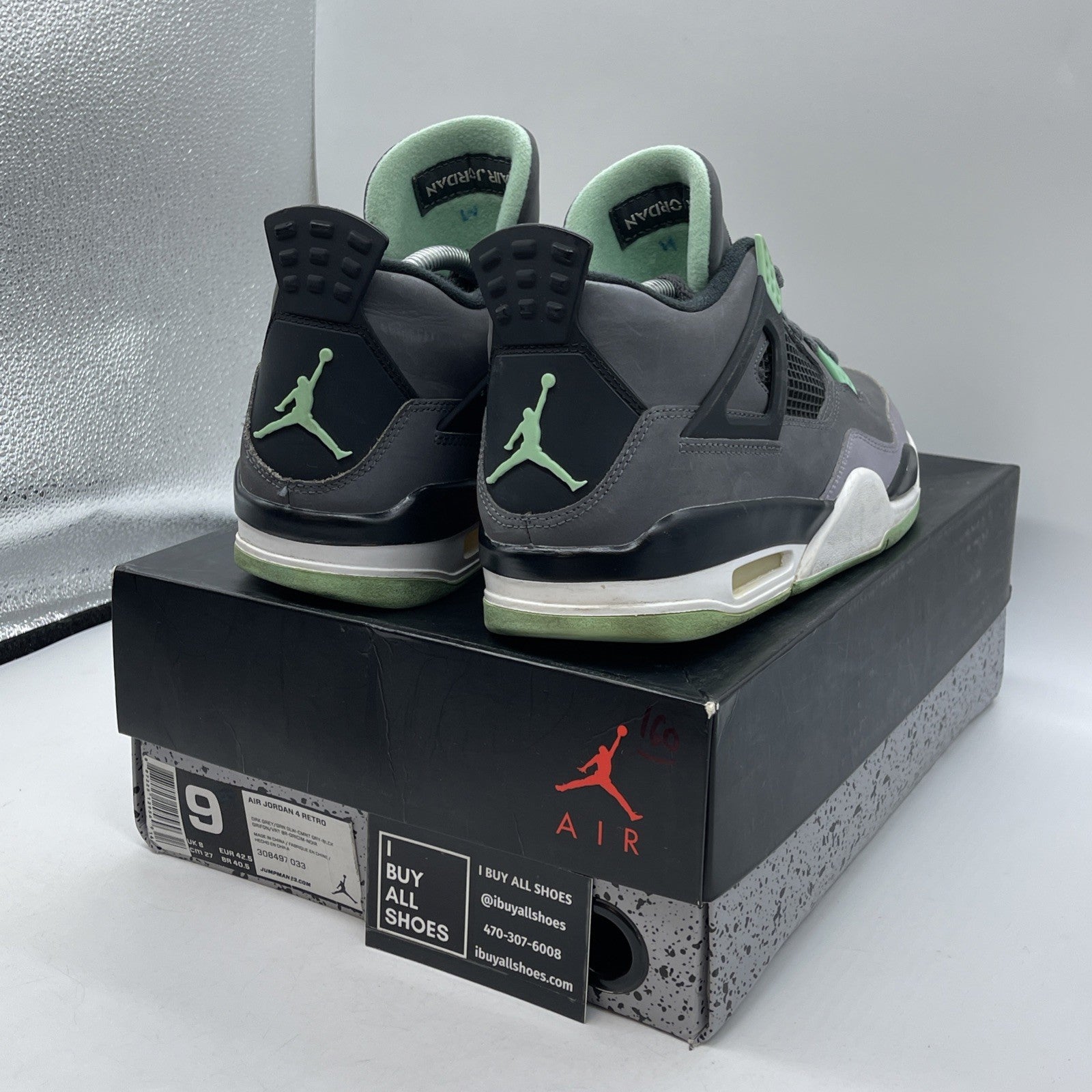 Size 9 - Jordan 4 Retro Green Glow Grey White Black Suede (308497-033)