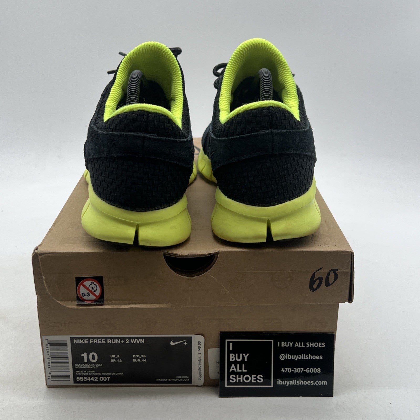 Size 10 - Nike Free Run+ Woven WVN Sneakers Black Volt (555442-007)