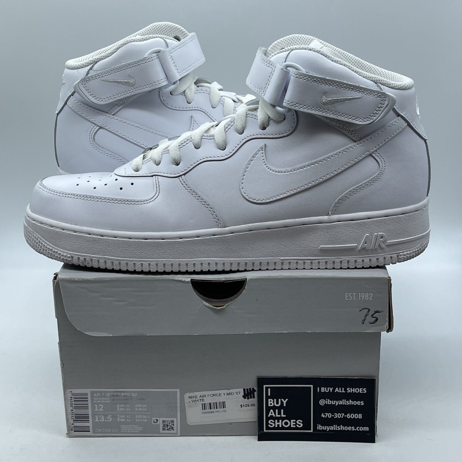 Size 12 - Nike Air Force 1 '07 Mid Triple White Leather (CW2289-111)