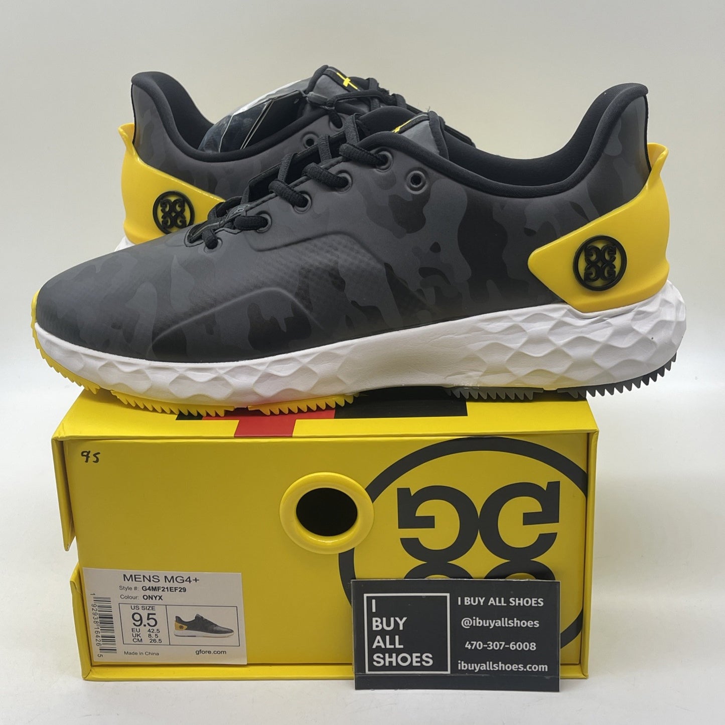 Size 9.5 - G/FORE G4 MG4+ Onyx Camo Golf Shoes Yellow Black Leather (G4MF21EF29)