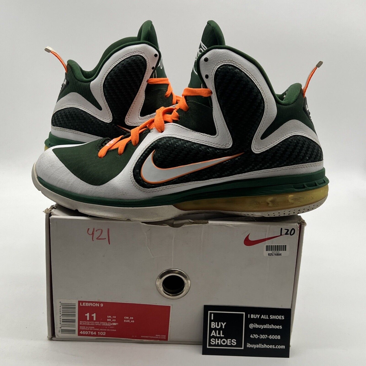 Size 11 - Nike LeBron 9 Miami Hurricanes (469764-102)