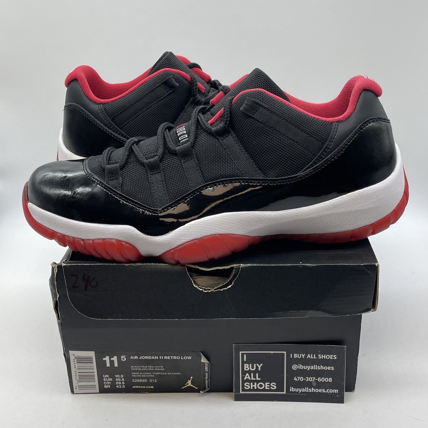 Size 11.5 - Air Jordan 11 Retro 2015 Low Bred Black Leather (528895-012)