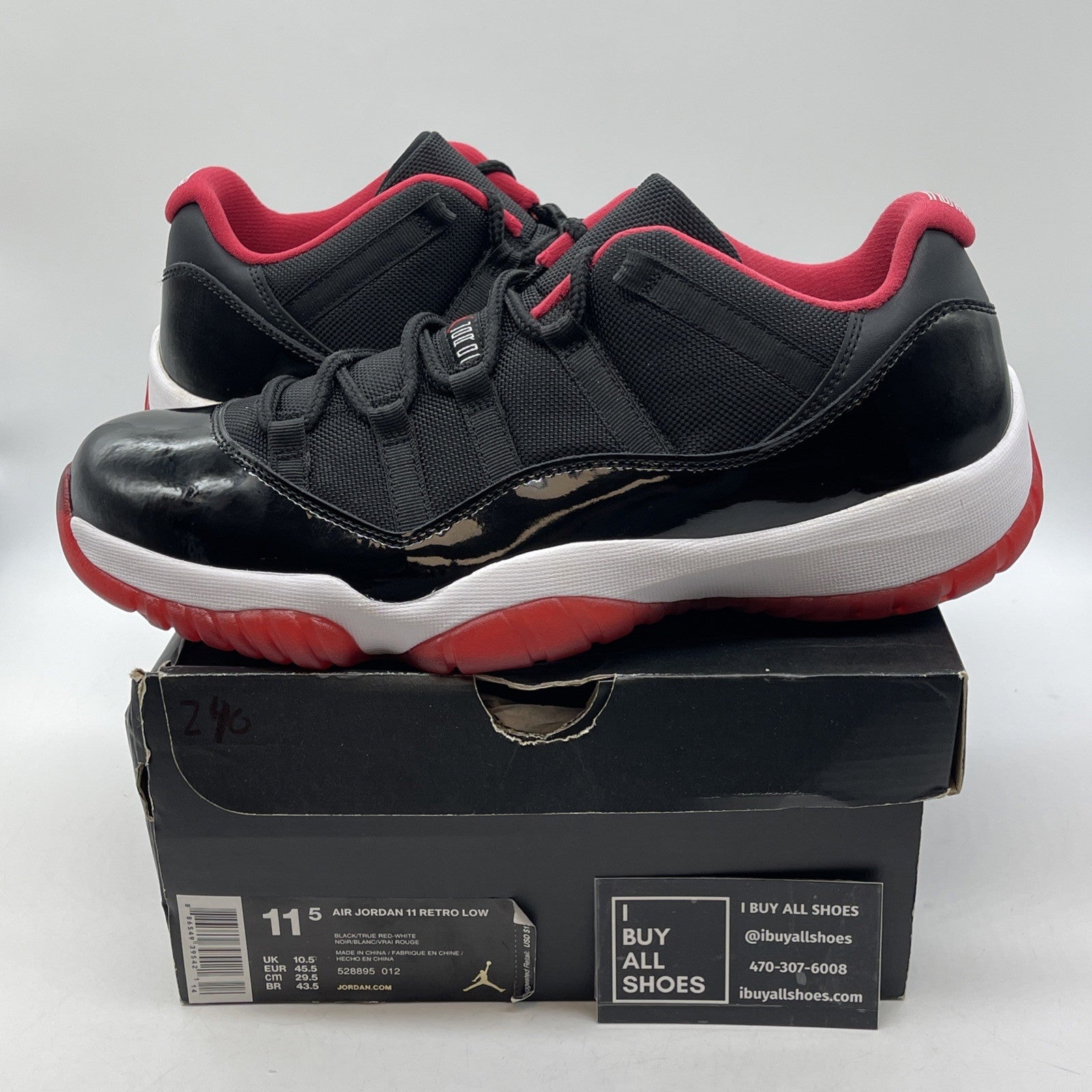 Size 11.5 - Air Jordan 11 Retro 2015 Low Bred Black Leather (528895-012)