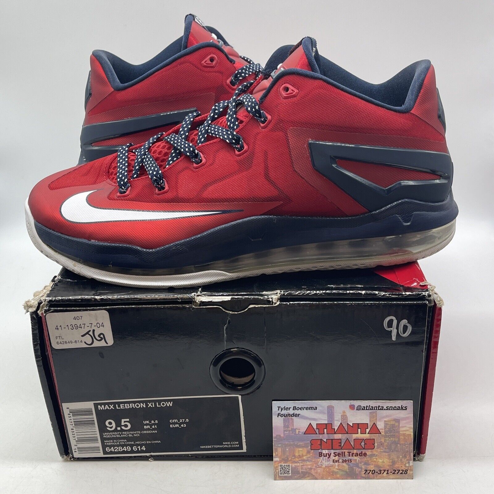 Size 9.5 - Nike Max LeBron 11 Low Independence Day Red Blue White (642849-614)