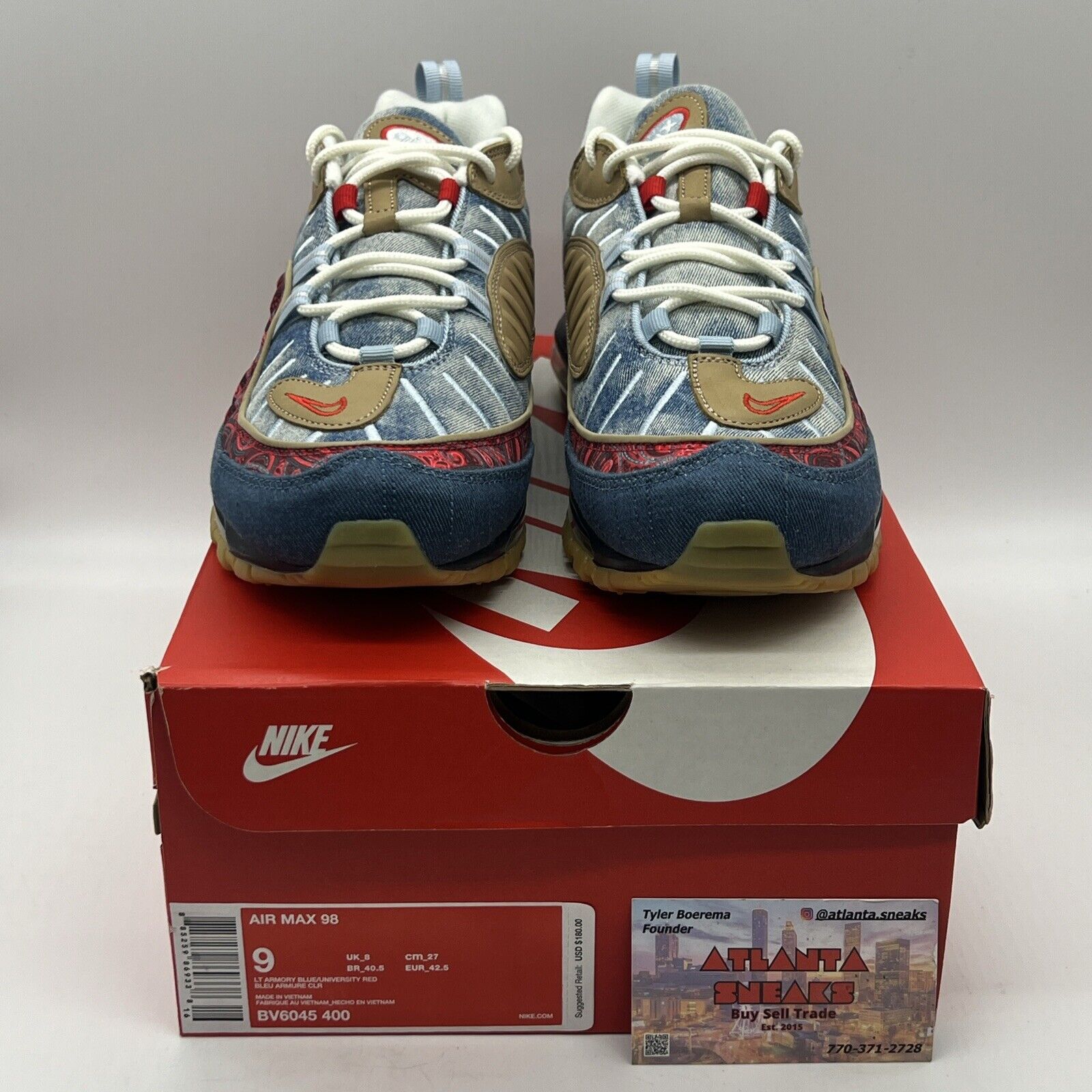 Size 9 - Nike Air Max 98 Wild West Brand New Og All Red Denim Gum Leather DS