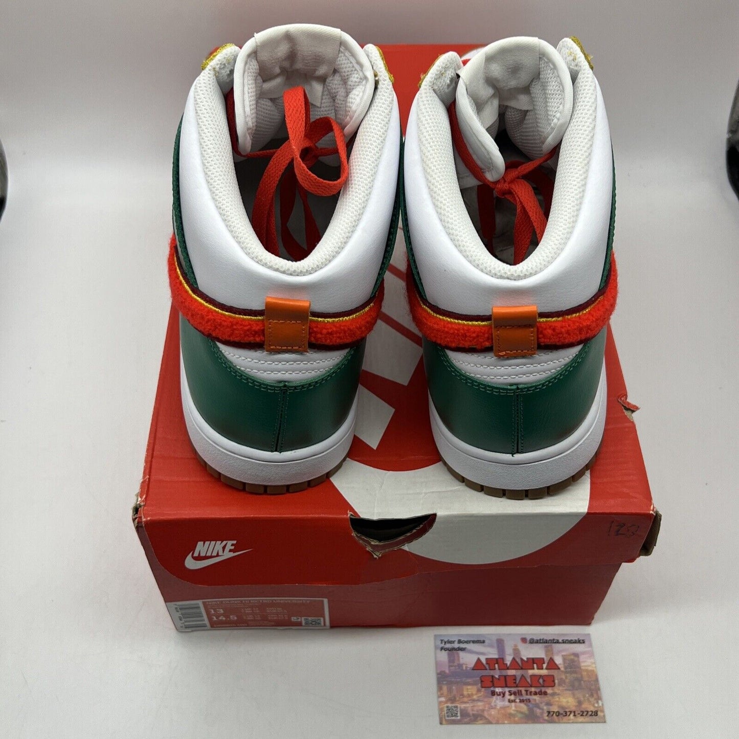 Size 13 - Nike Dunk High Chenille Swoosh White Green Orange Yellow Leather Gum