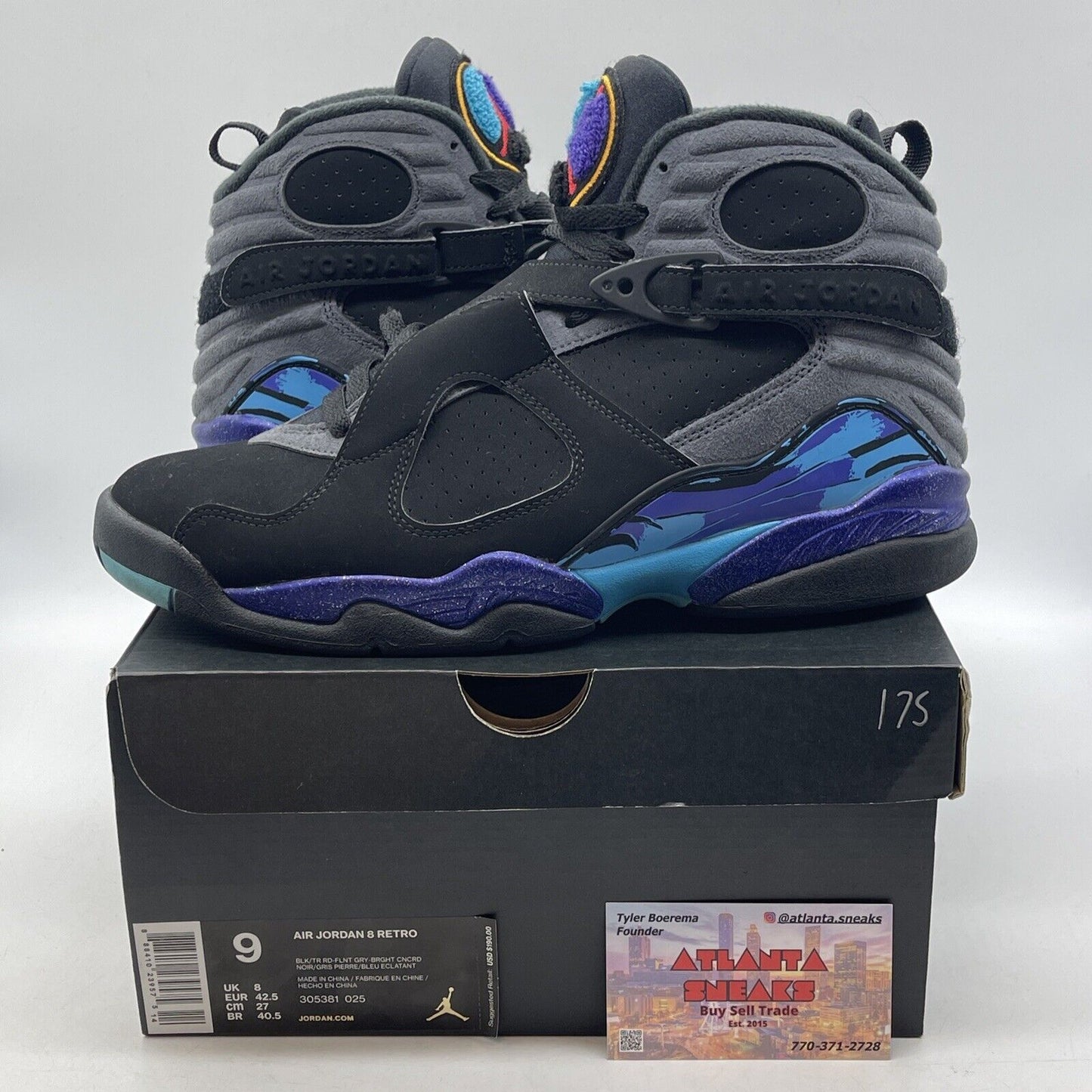 Size 9 - Jordan 8 Retro Aqua 2015 Black Blue Purple Yellow Suede (305381-025)