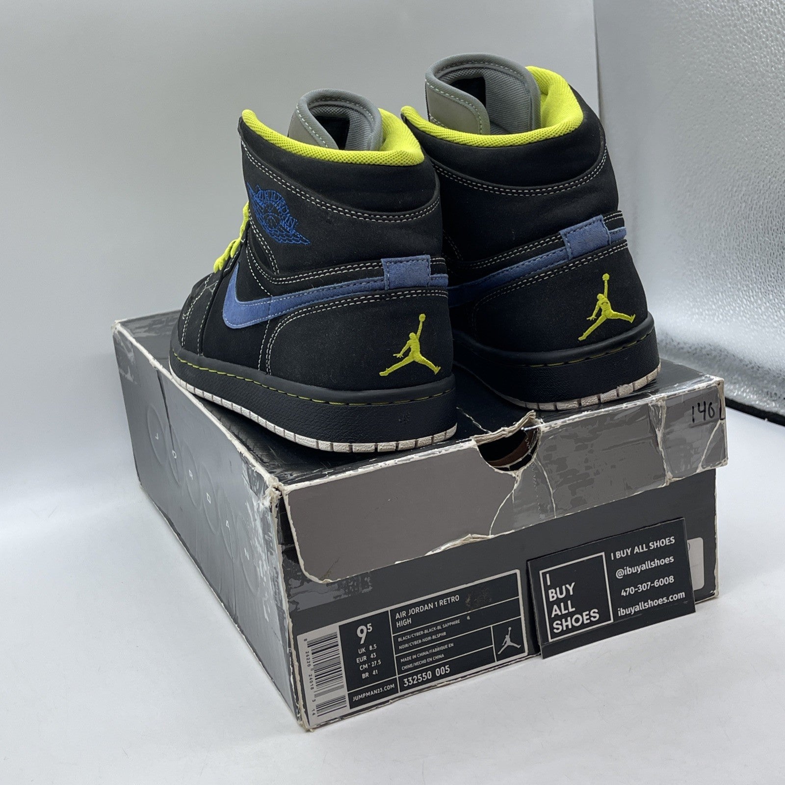 Size 9.5 - Air Jordan 1 Retro High Black Cyber Green Blue Suede (332550-005)